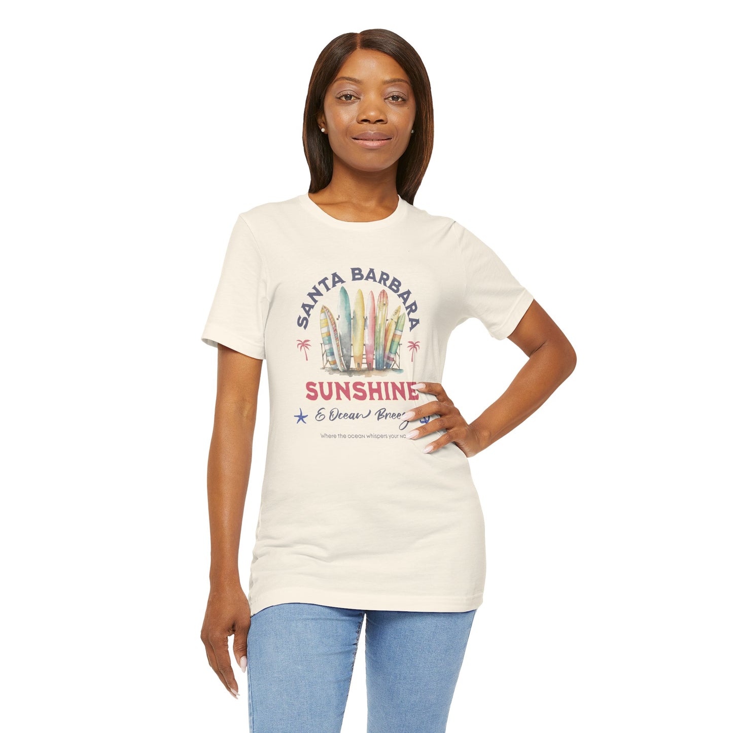Sunshine Ocean Breeze Santa Barbara Cotton Unisex Jersey T-Shirt, Casual Summer Beach Fun Vibes