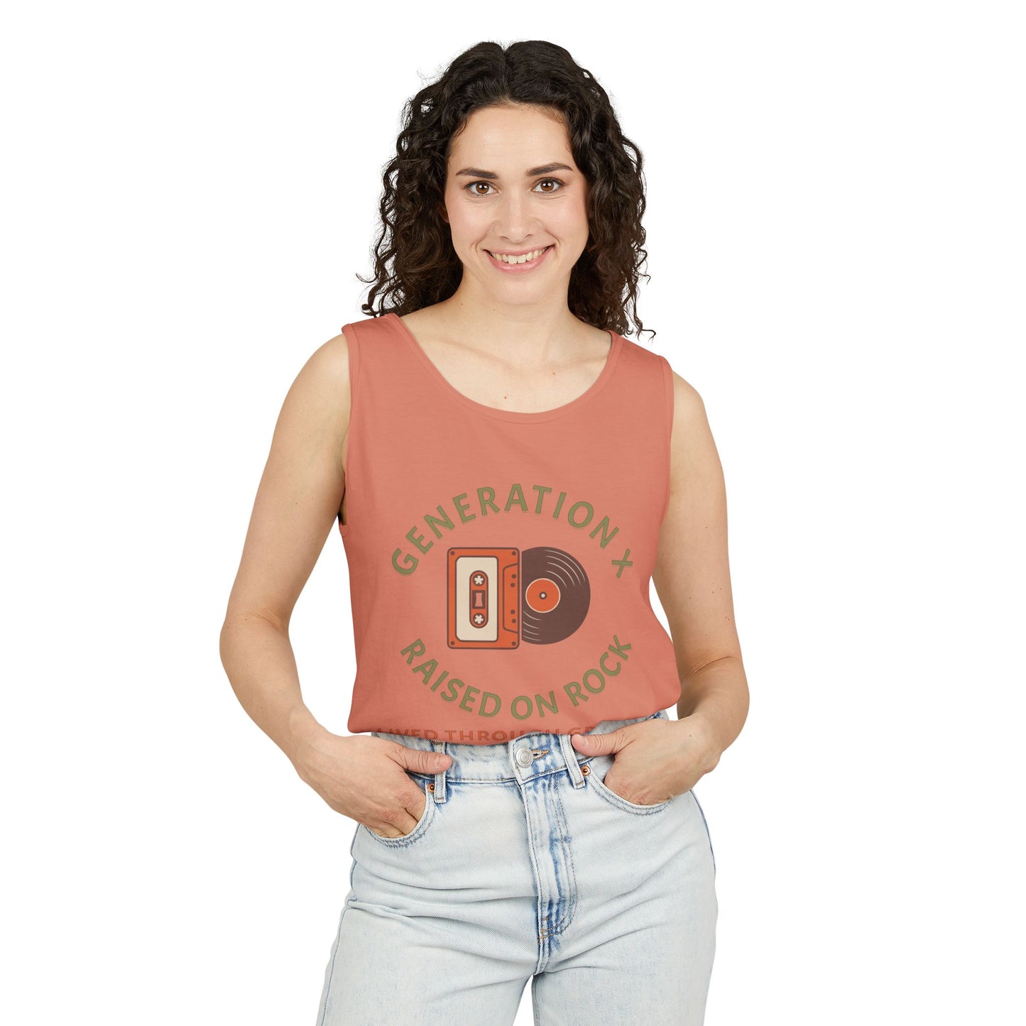 Generation X Raised on Rock Unisex Cotton Garment-Dyed Tank Top - Retro Vinyl, Grunge Music Lovers, Music Enthusiasts