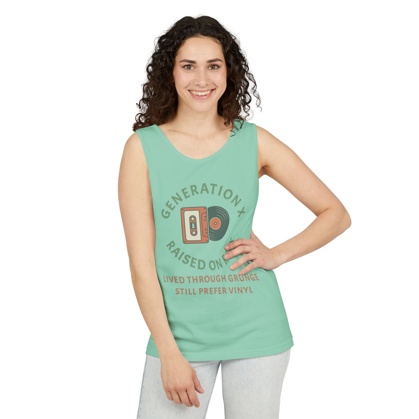 Generation X Raised on Rock Unisex Cotton Garment-Dyed Tank Top - Retro Vinyl, Grunge Music Lovers, Music Enthusiasts