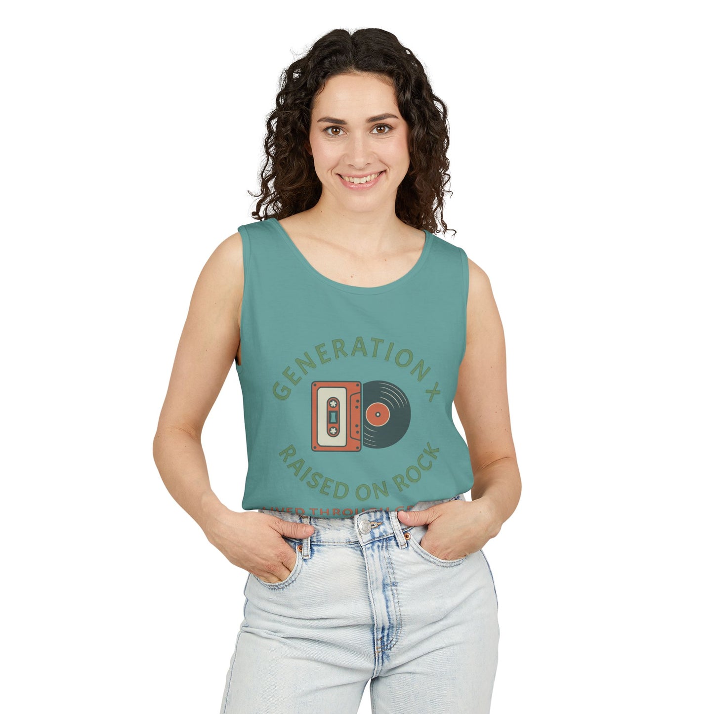 Generation X Raised on Rock Unisex Cotton Garment-Dyed Tank Top - Retro Vinyl, Grunge Music Lovers, Music Enthusiasts