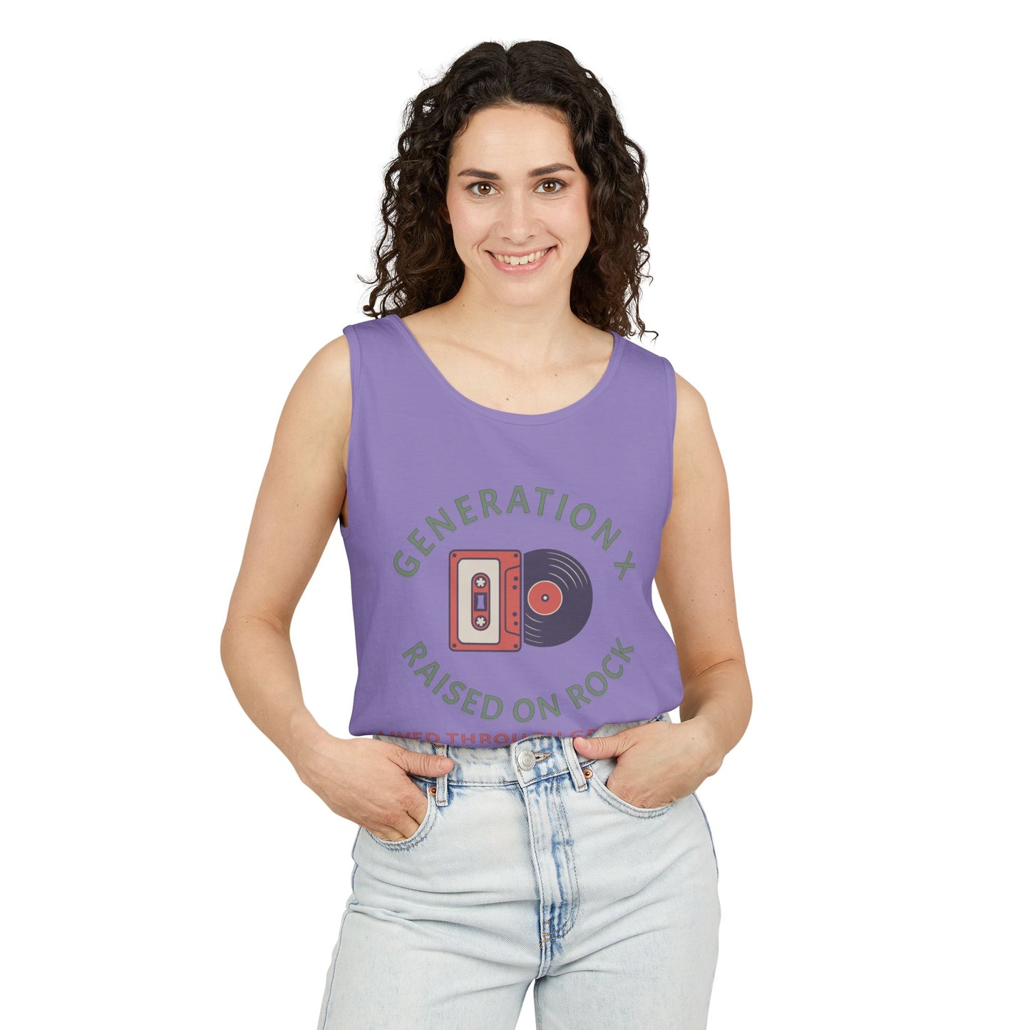 Generation X Raised on Rock Unisex Cotton Garment-Dyed Tank Top - Retro Vinyl, Grunge Music Lovers, Music Enthusiasts