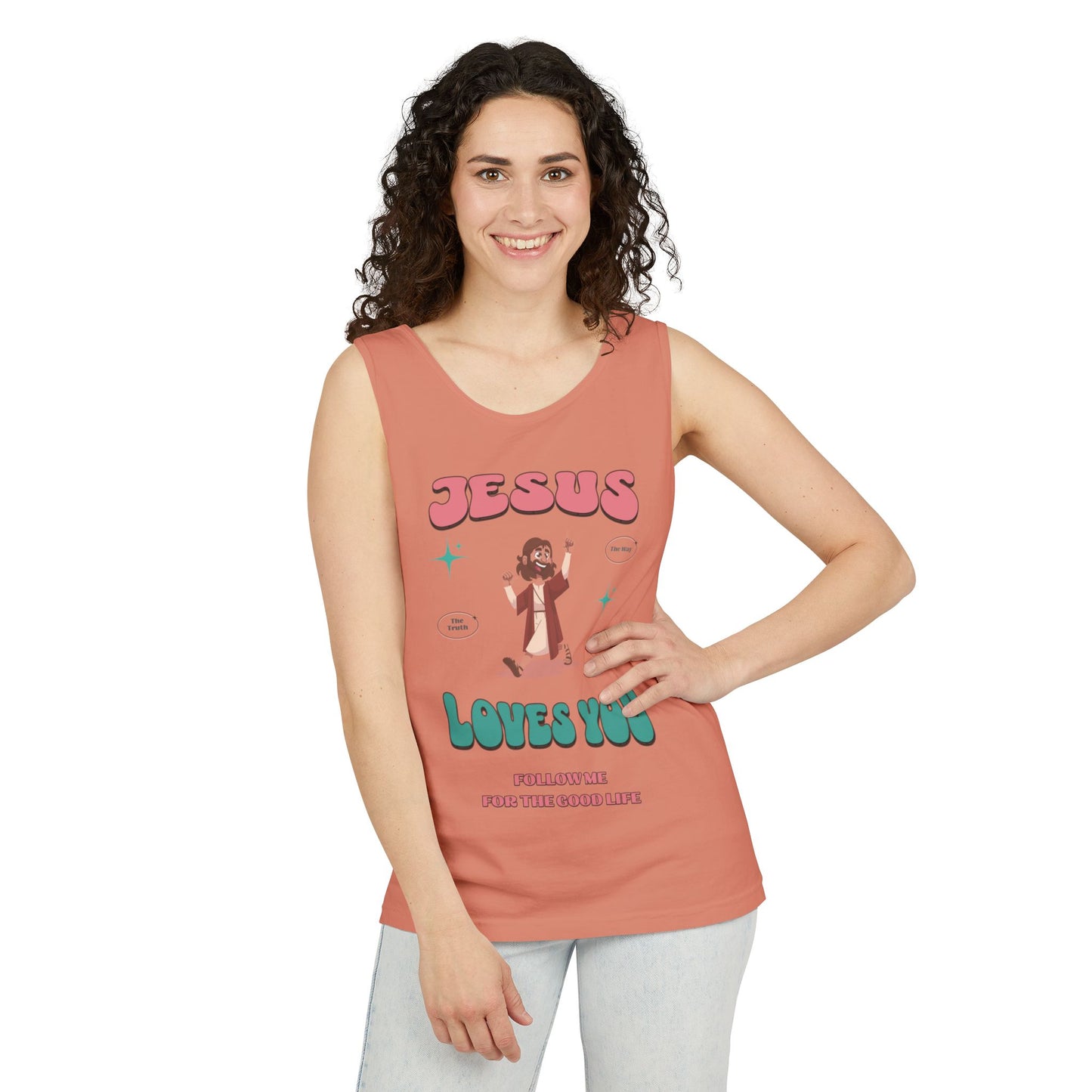 Jesus Loves You Follow Me for the Good Life Unisex Cotton Garment-Dyed Tank Top, Summer Wear
