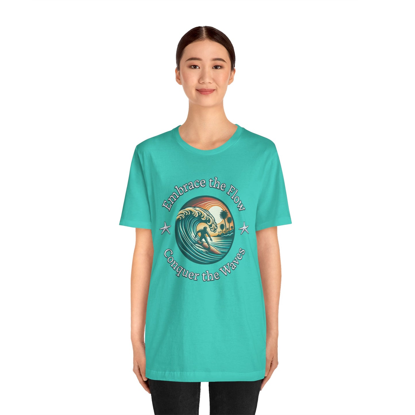 Embrace the Flow Conquer the Wave Cotton Unisex Jersey T-Shirt, Surf-Inspired Beachwear, Gift for Surfers, Casual Summer Top, Surfing Lifestyle