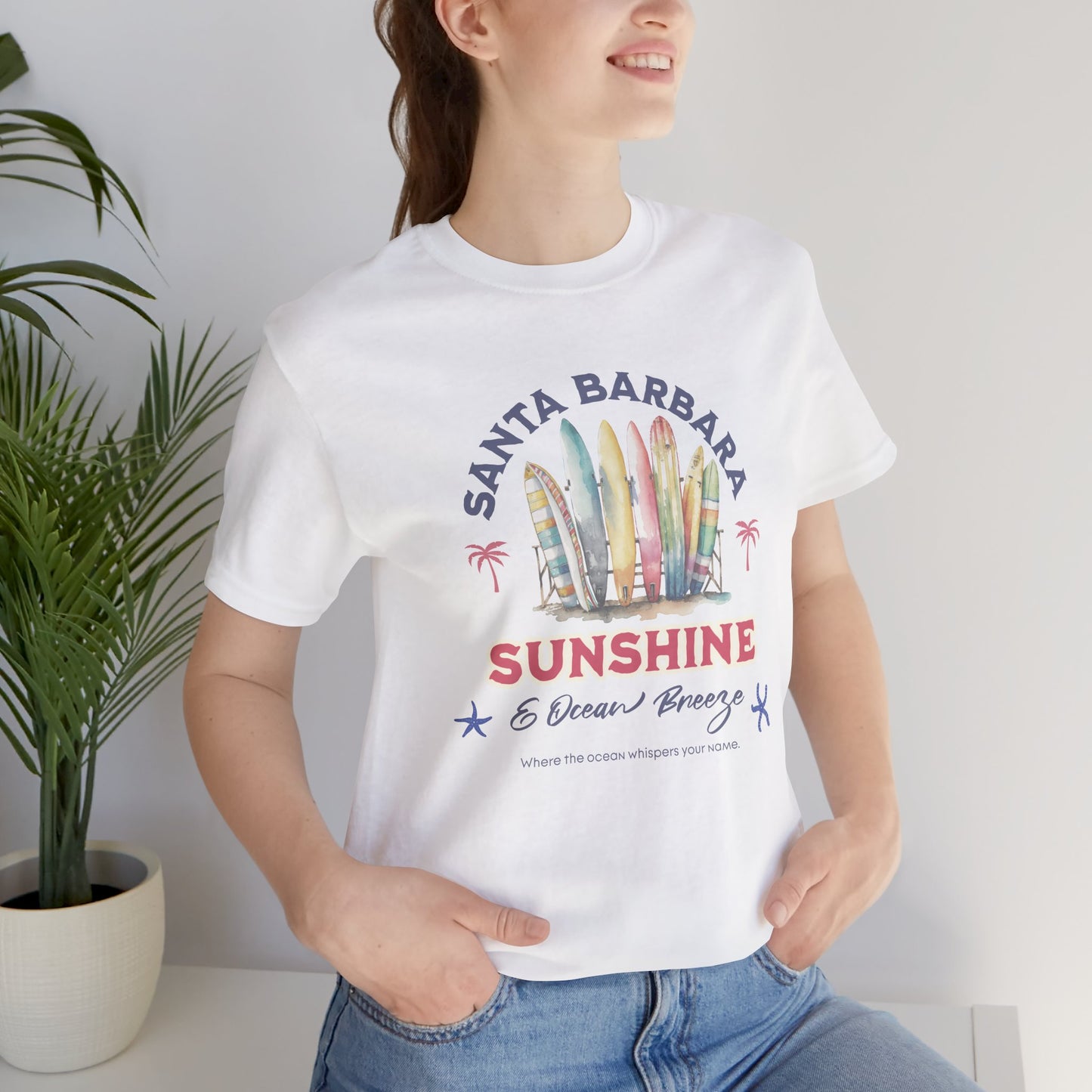 Sunshine Ocean Breeze Santa Barbara Cotton Unisex Jersey T-Shirt, Casual Summer Beach Fun Vibes
