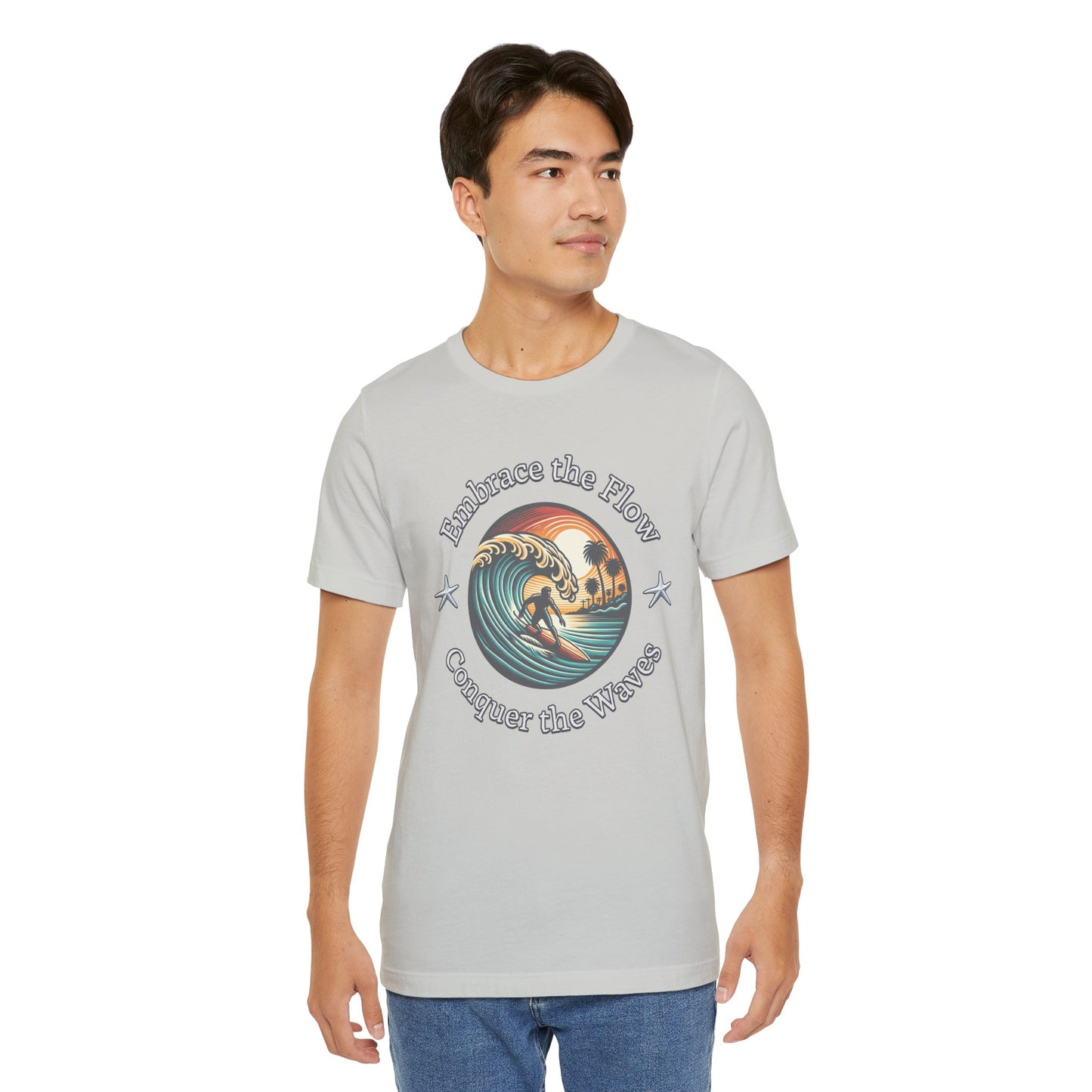 Embrace the Flow Conquer the Wave Cotton Unisex Jersey T-Shirt, Surf-Inspired Beachwear, Gift for Surfers, Casual Summer Top, Surfing Lifestyle