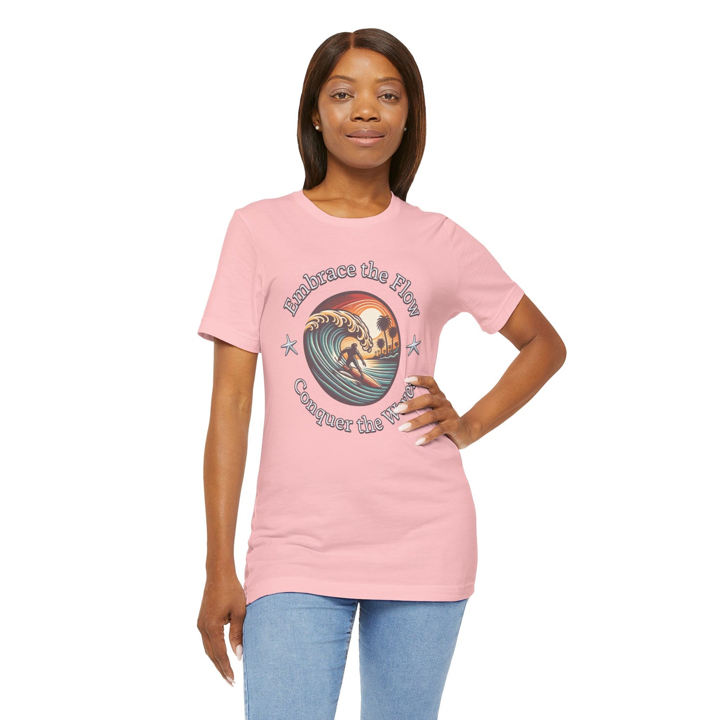 Embrace the Flow Conquer the Wave Cotton Unisex Jersey T-Shirt, Surf-Inspired Beachwear, Gift for Surfers, Casual Summer Top, Surfing Lifestyle