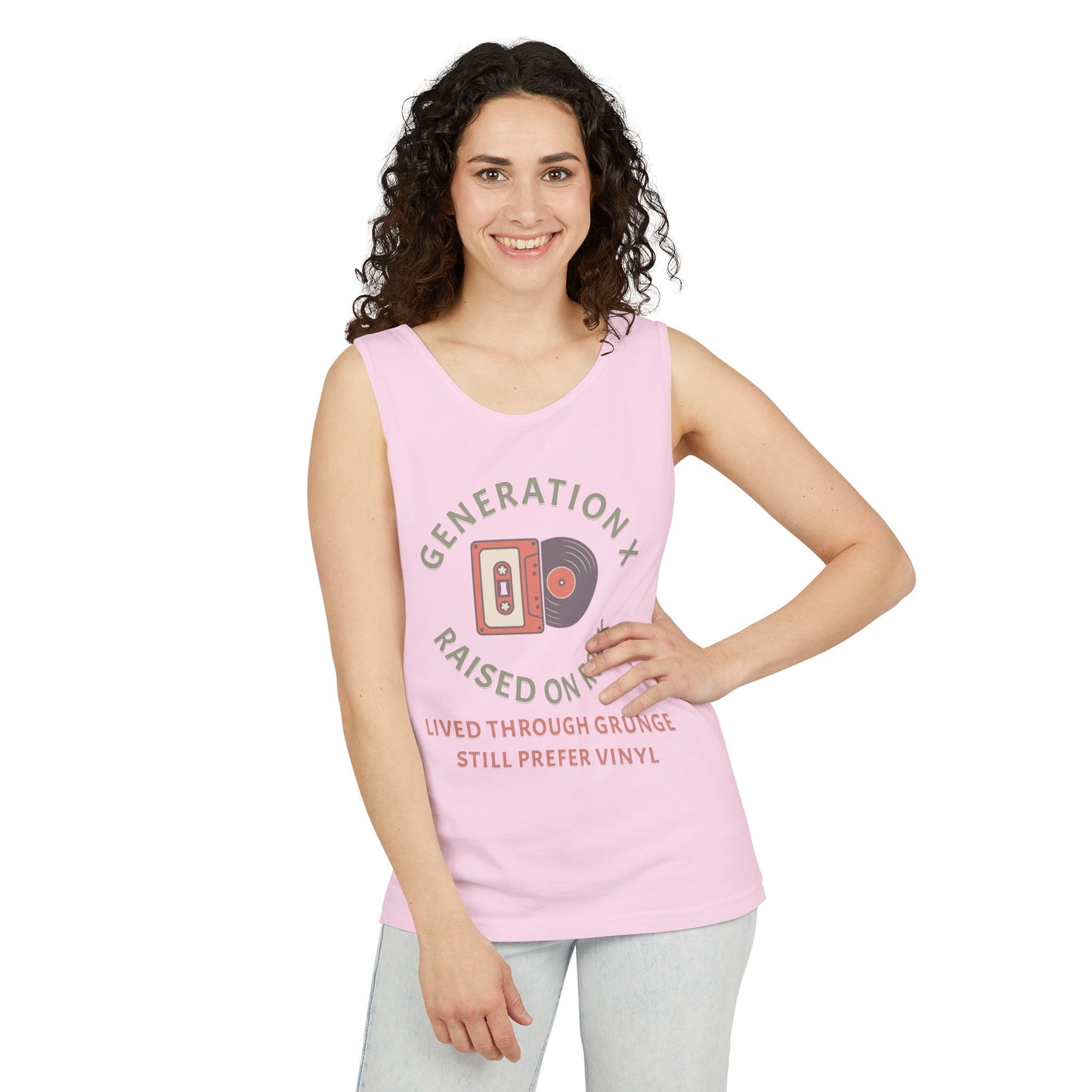Generation X Raised on Rock Unisex Cotton Garment-Dyed Tank Top - Retro Vinyl, Grunge Music Lovers, Music Enthusiasts