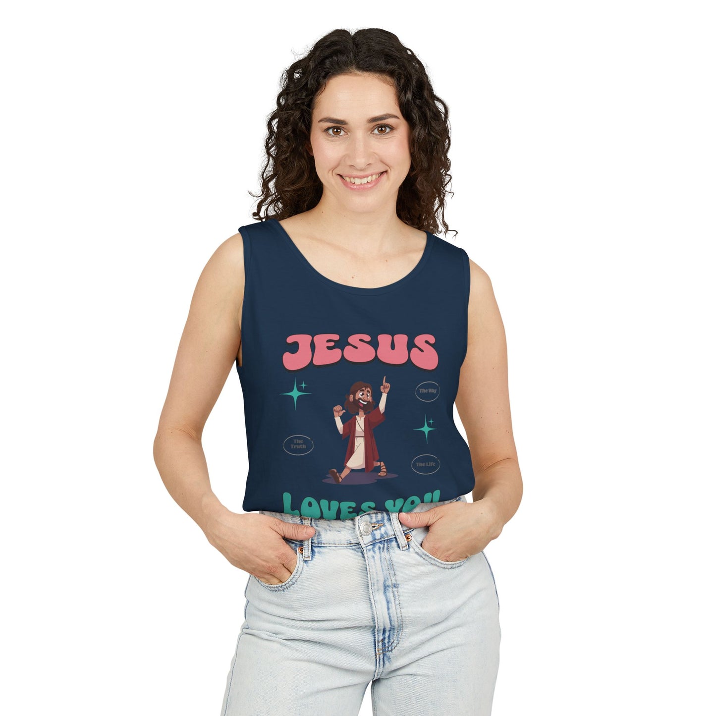 Jesus Loves You Follow Me for the Good Life Unisex Cotton Garment-Dyed Tank Top, Summer Wear