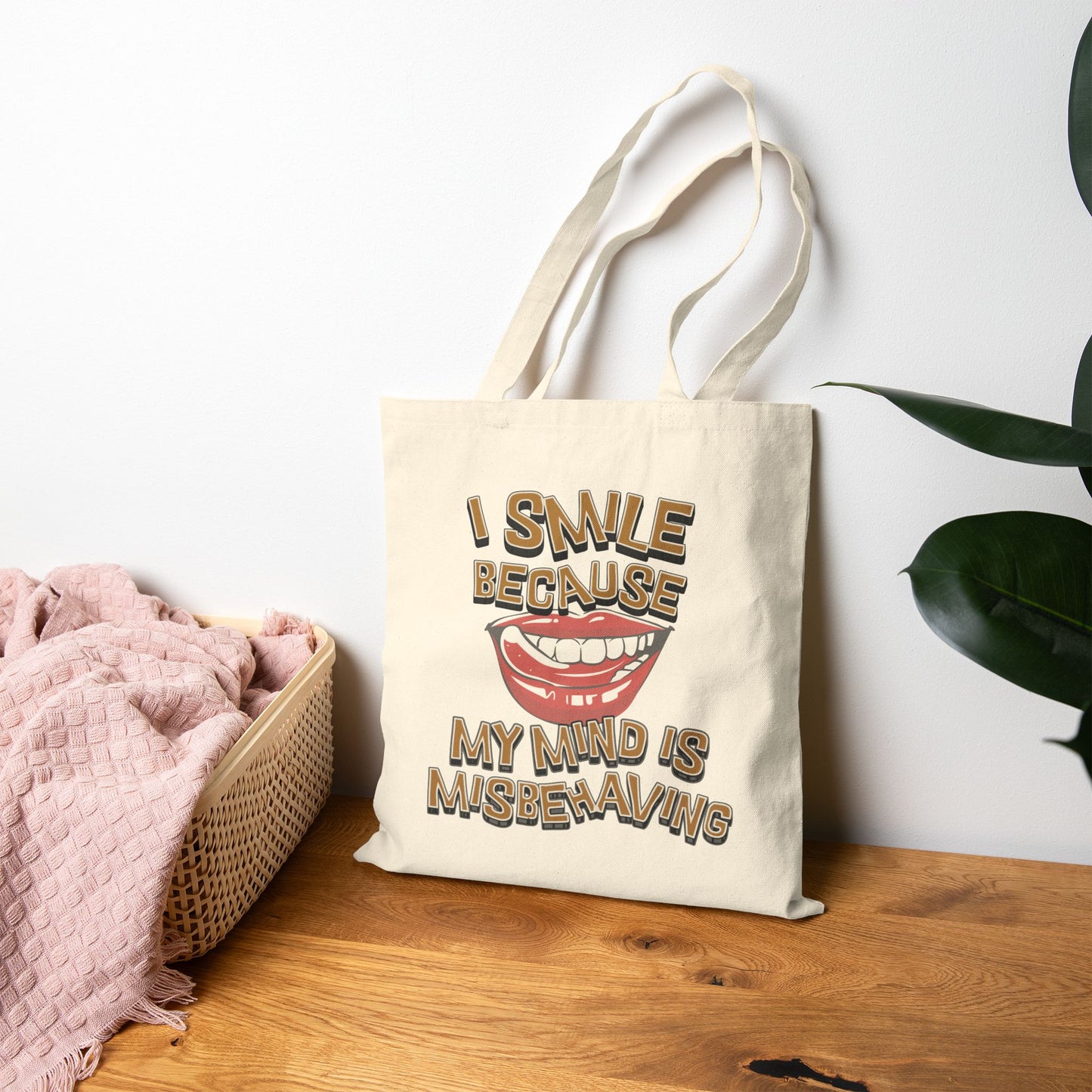 I Smile Because My Mind Is Misbehaving Canvas Shoulder Tote Bag, Eco-Friendly Shopping Bag, Reusable Grocery Tote,