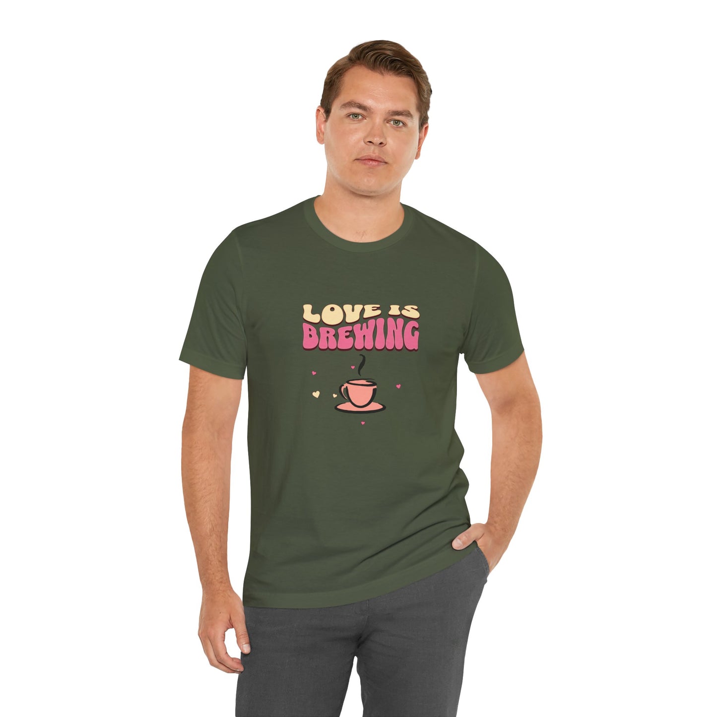 Love is Brewing Cotton Unisex T-Shirt, Gift for Couples, Valentine's Day Shirt, Relationship Humor, Cute Graphic Tee, Coffee Lovers
