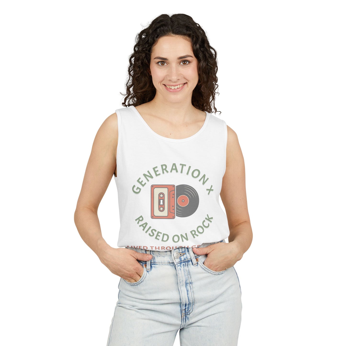 Generation X Raised on Rock Unisex Cotton Garment-Dyed Tank Top - Retro Vinyl, Grunge Music Lovers, Music Enthusiasts