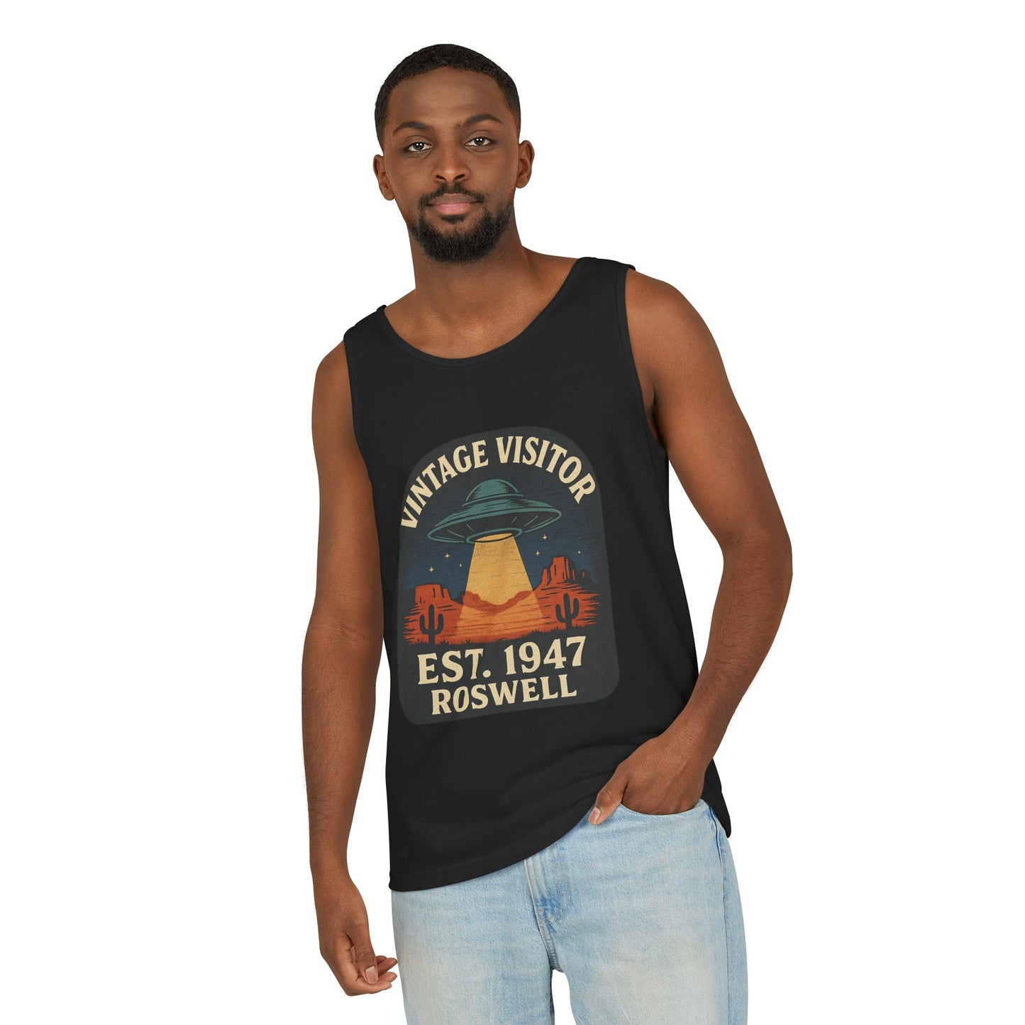 Vintage Visitor Est 1947 Roswell Unisex Cotton Garment-Dyed Tank Top, Alien Graphic Tee, Retro Summer Wear