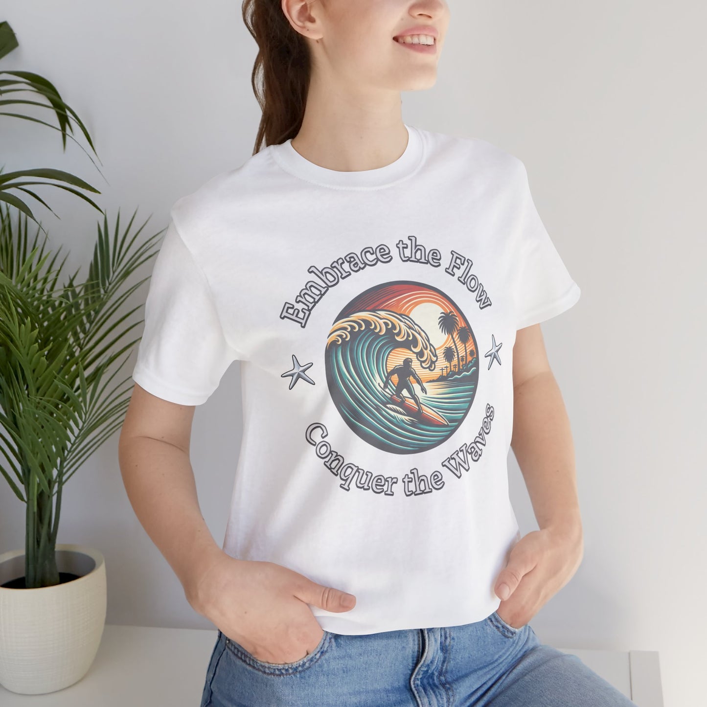 Embrace the Flow Conquer the Wave Cotton Unisex Jersey T-Shirt, Surf-Inspired Beachwear, Gift for Surfers, Casual Summer Top, Surfing Lifestyle