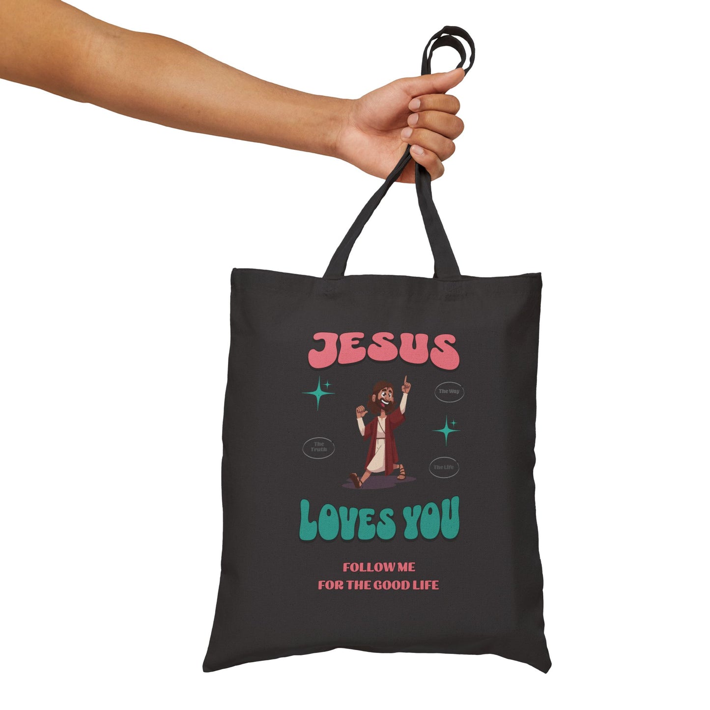 Jesus Loves You Follow Me for the Good Life Cotton Canvas Tote Bag, Inspirational Gift, Bible Verse Bag