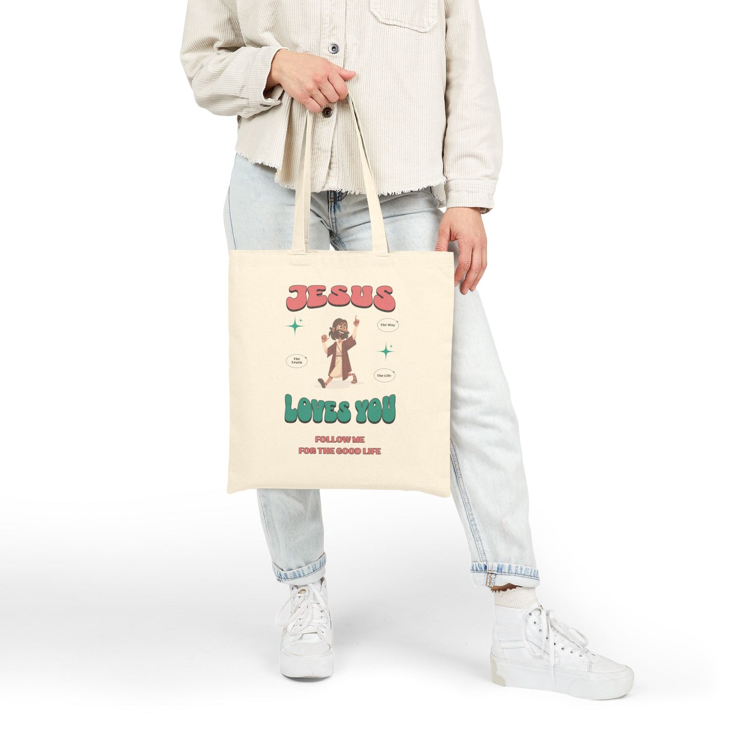 Jesus Loves You Follow Me for the Good Life Cotton Canvas Tote Bag, Inspirational Gift, Bible Verse Bag