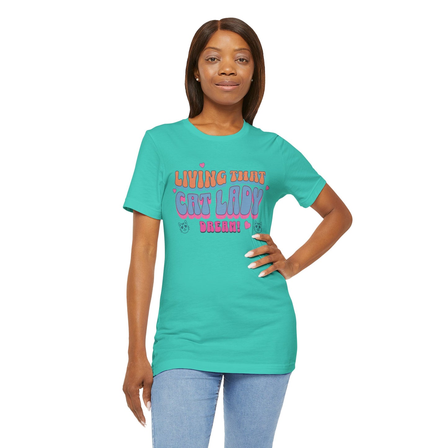 Living That Cat Lady Dream Cotton Unisex T-Shirt for Animal Lovers, Humorous Graphic Tee, Gift for Cat Owners