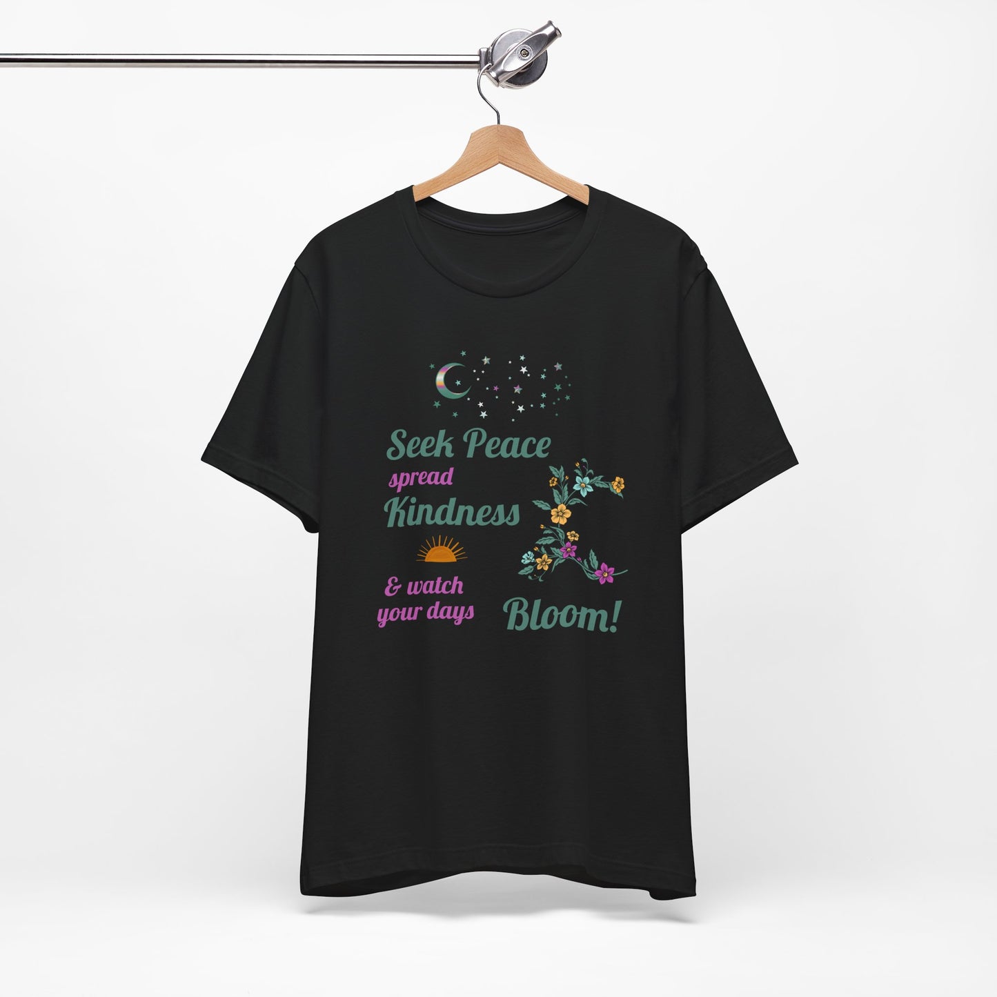 Seek Peace Spread Kindness & Watch Your Days Bloom Unisex Cotton Jersey T-Shirt – Scripture Inspired Floral Style