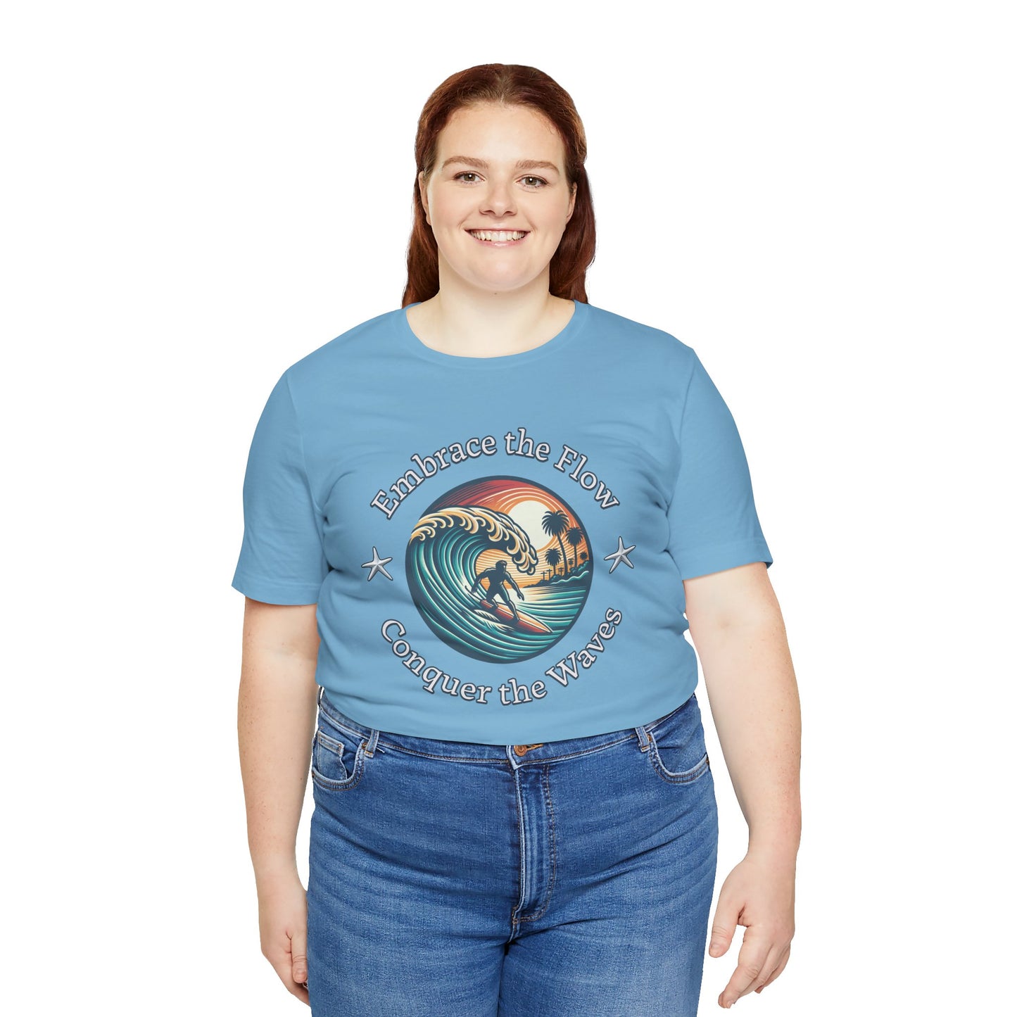 Embrace the Flow Conquer the Wave Cotton Unisex Jersey T-Shirt, Surf-Inspired Beachwear, Gift for Surfers, Casual Summer Top, Surfing Lifestyle