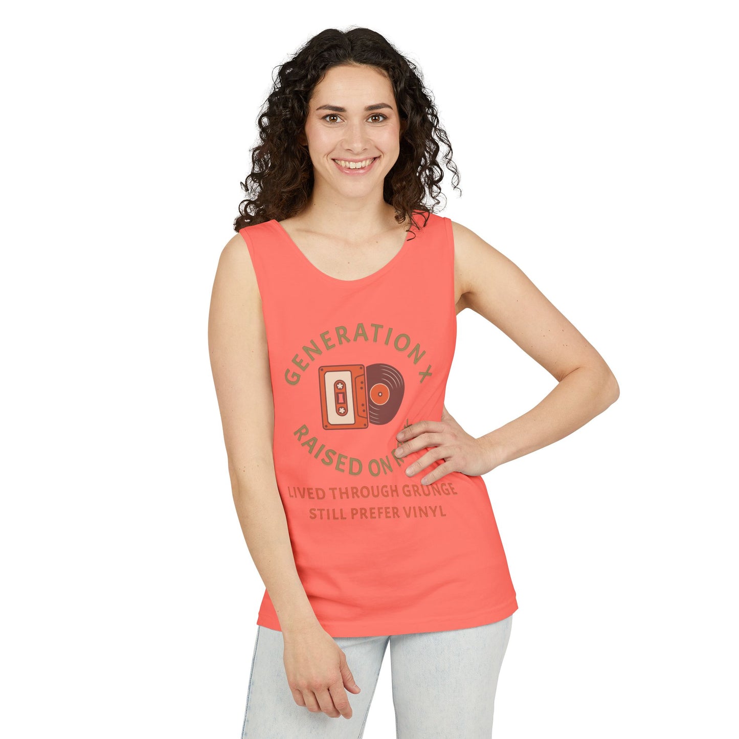 Generation X Raised on Rock Unisex Cotton Garment-Dyed Tank Top - Retro Vinyl, Grunge Music Lovers, Music Enthusiasts