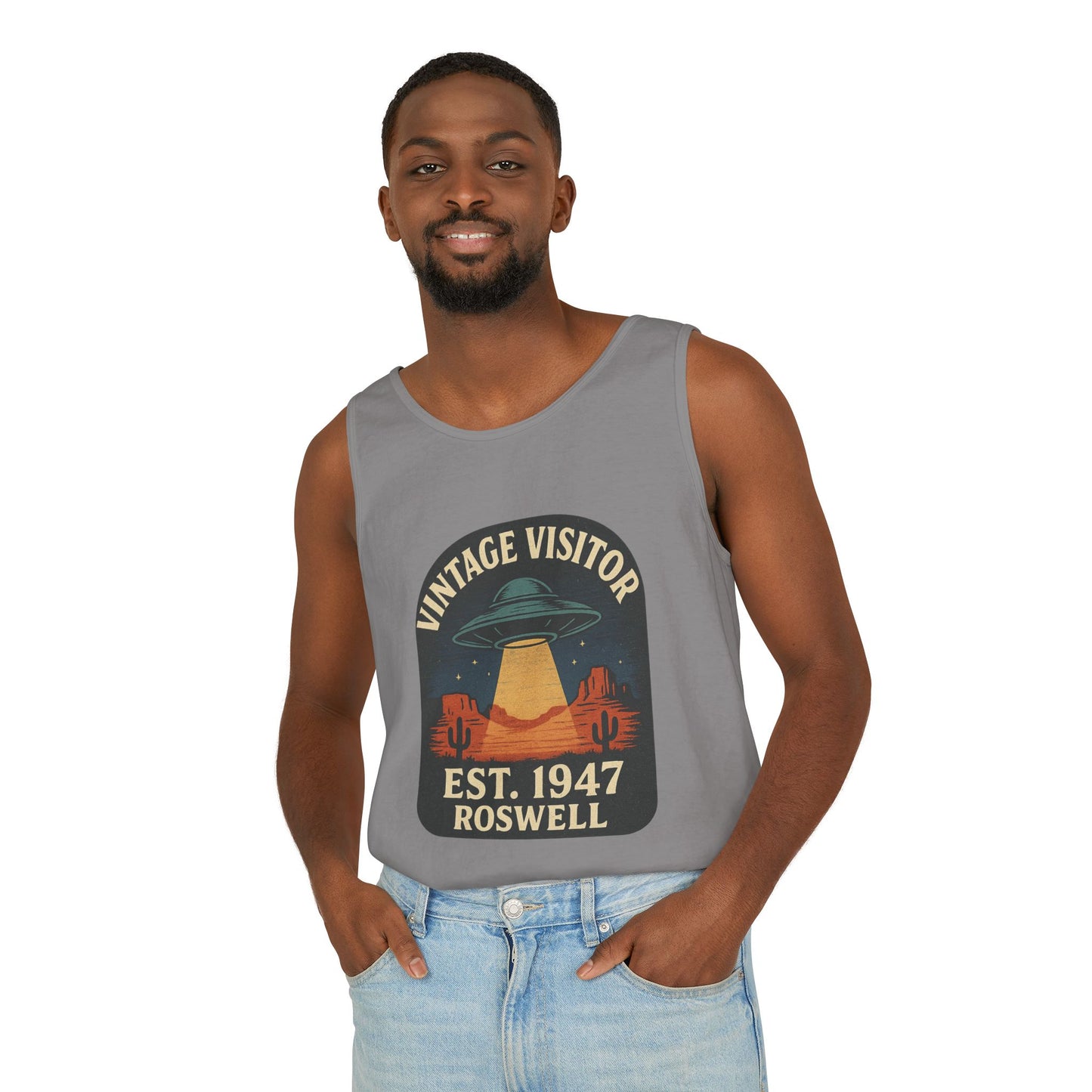 Vintage Visitor Est 1947 Roswell Unisex Cotton Garment-Dyed Tank Top, Alien Graphic Tee, Retro Summer Wear