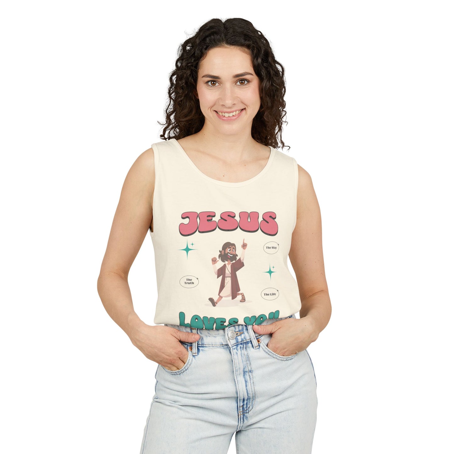 Jesus Loves You Follow Me for the Good Life Unisex Cotton Garment-Dyed Tank Top, Summer Wear