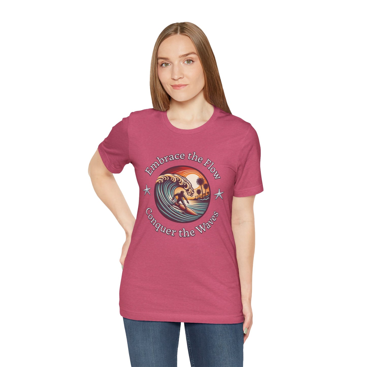 Embrace the Flow Conquer the Wave Cotton Unisex Jersey T-Shirt, Surf-Inspired Beachwear, Gift for Surfers, Casual Summer Top, Surfing Lifestyle