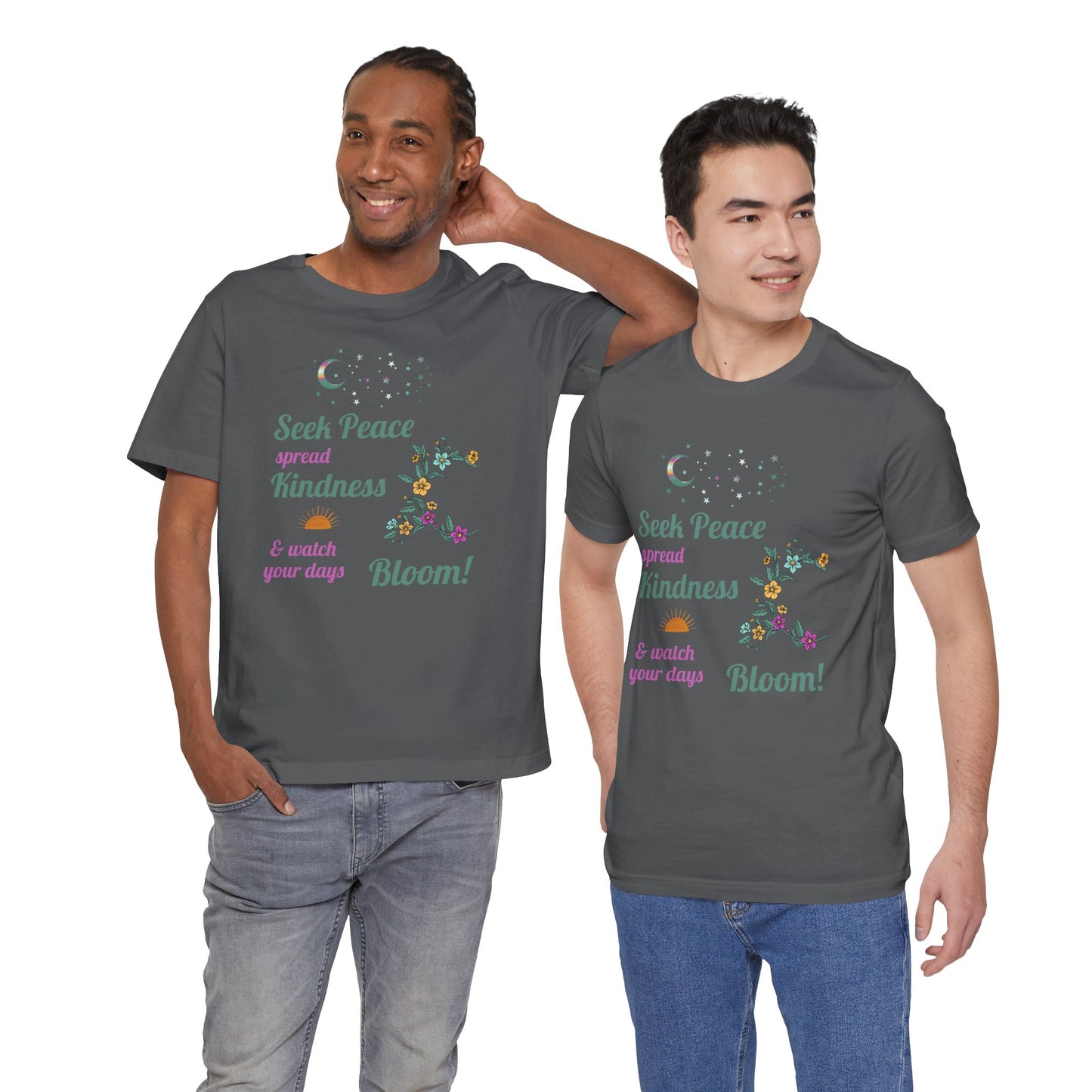 Seek Peace Spread Kindness & Watch Your Days Bloom Unisex Cotton Jersey T-Shirt – Scripture Inspired Floral Style