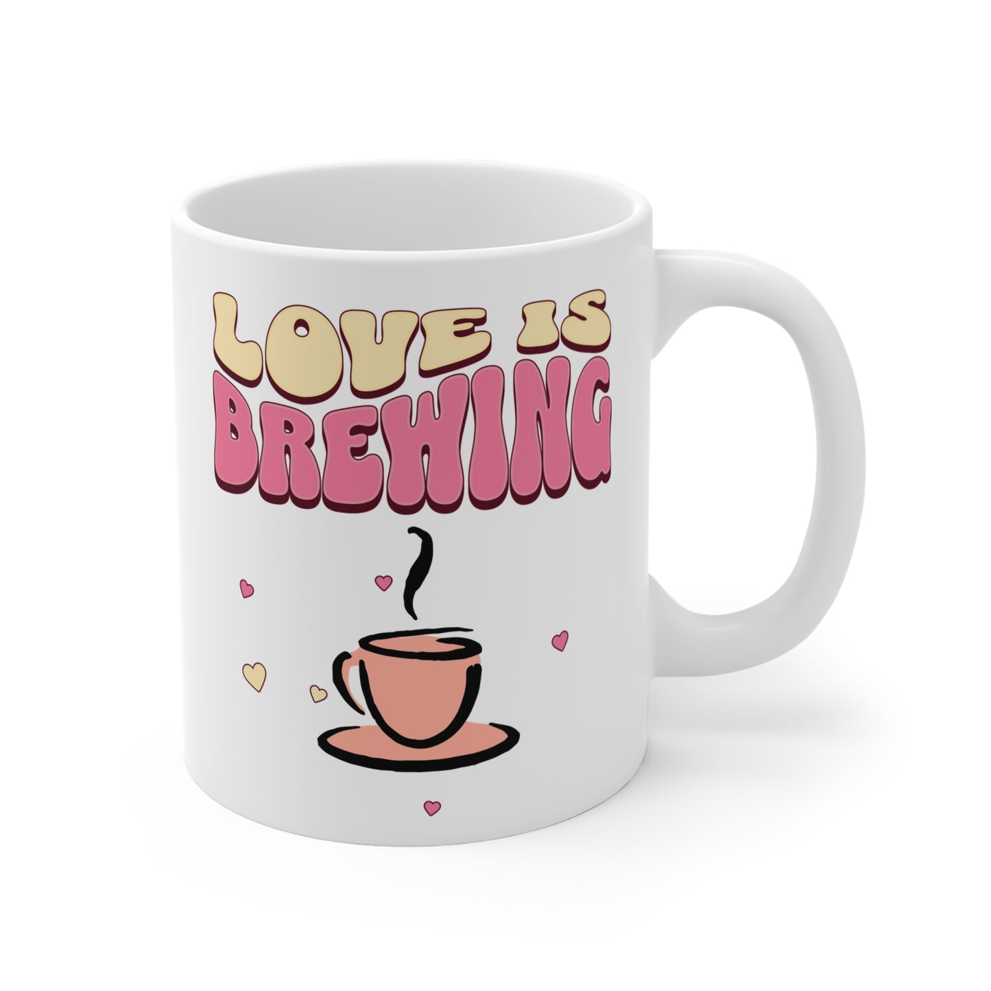 Love is Brewing Coffee Mug 11 oz - Cute Tea Cup, Romantic Gift, Funny Quote, Ceramic Drinkware, Valentine's Day Present