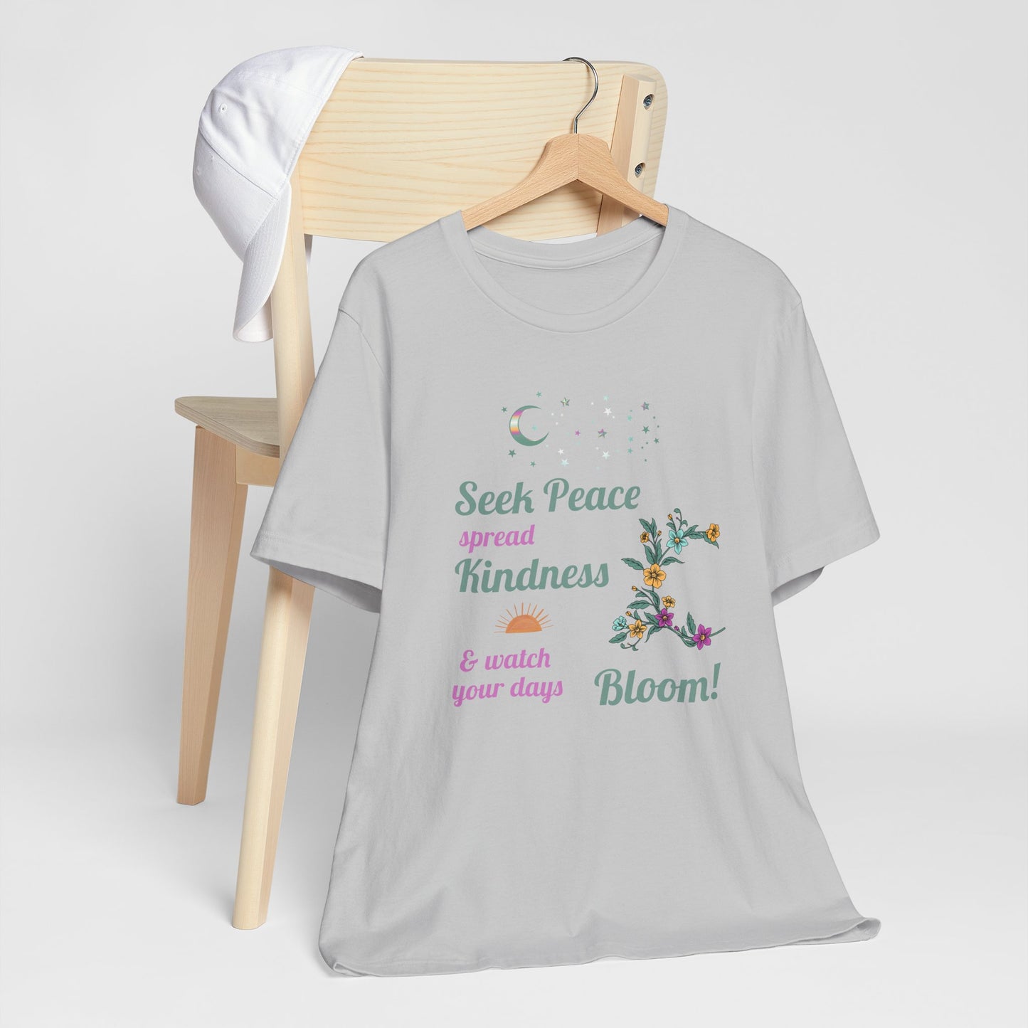 Seek Peace Spread Kindness & Watch Your Days Bloom Unisex Cotton Jersey T-Shirt – Scripture Inspired Floral Style