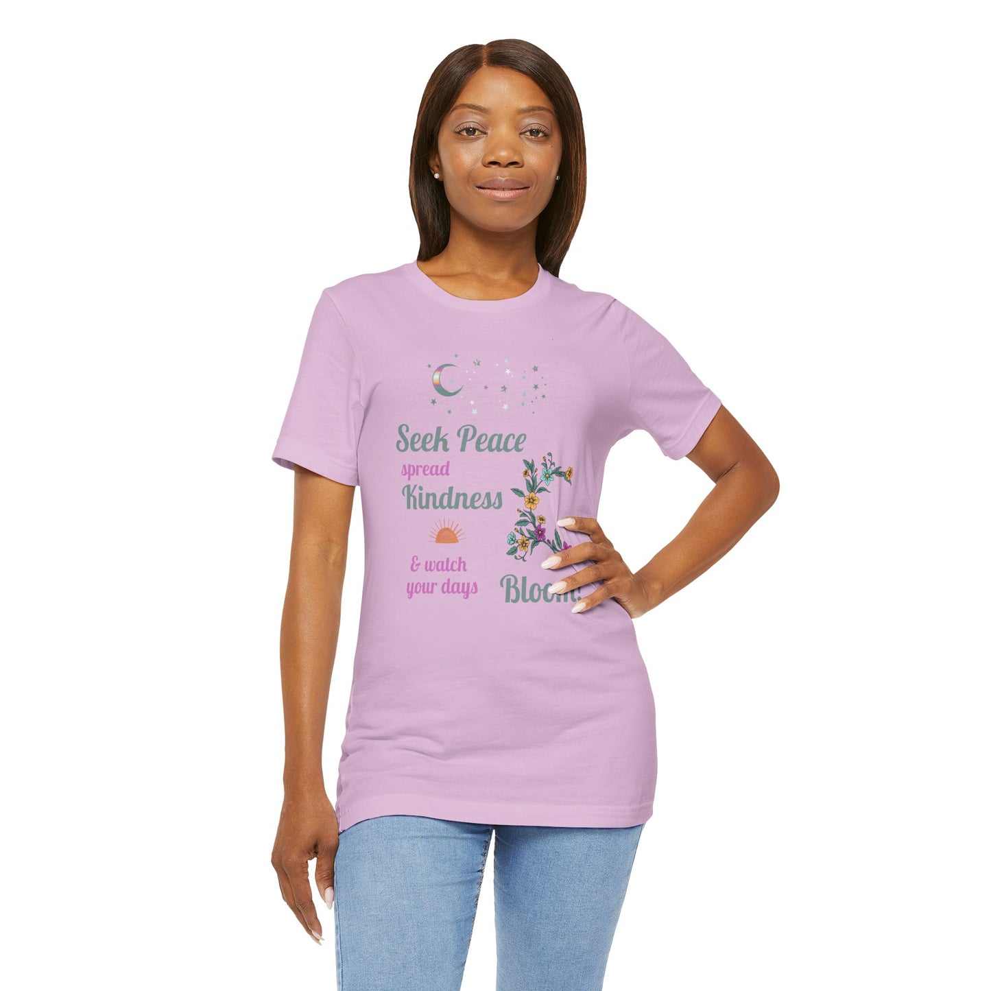Seek Peace Spread Kindness & Watch Your Days Bloom Unisex Cotton Jersey T-Shirt – Scripture Inspired Floral Style