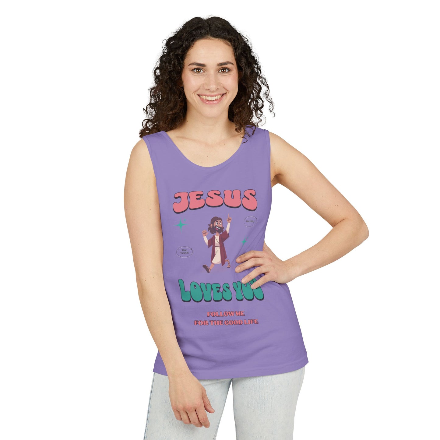 Jesus Loves You Follow Me for the Good Life Unisex Cotton Garment-Dyed Tank Top, Summer Wear