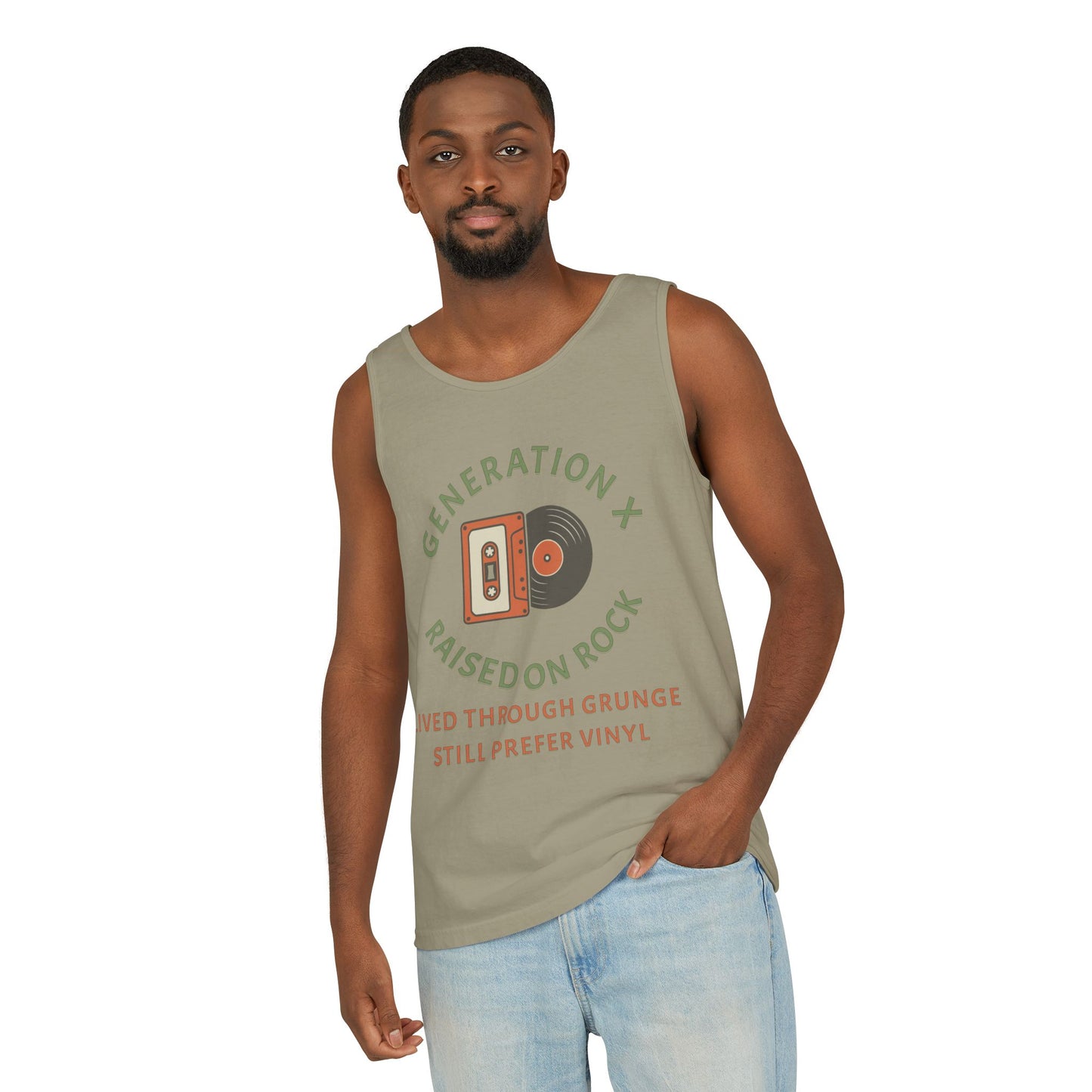 Generation X Raised on Rock Unisex Cotton Garment-Dyed Tank Top - Retro Vinyl, Grunge Music Lovers, Music Enthusiasts