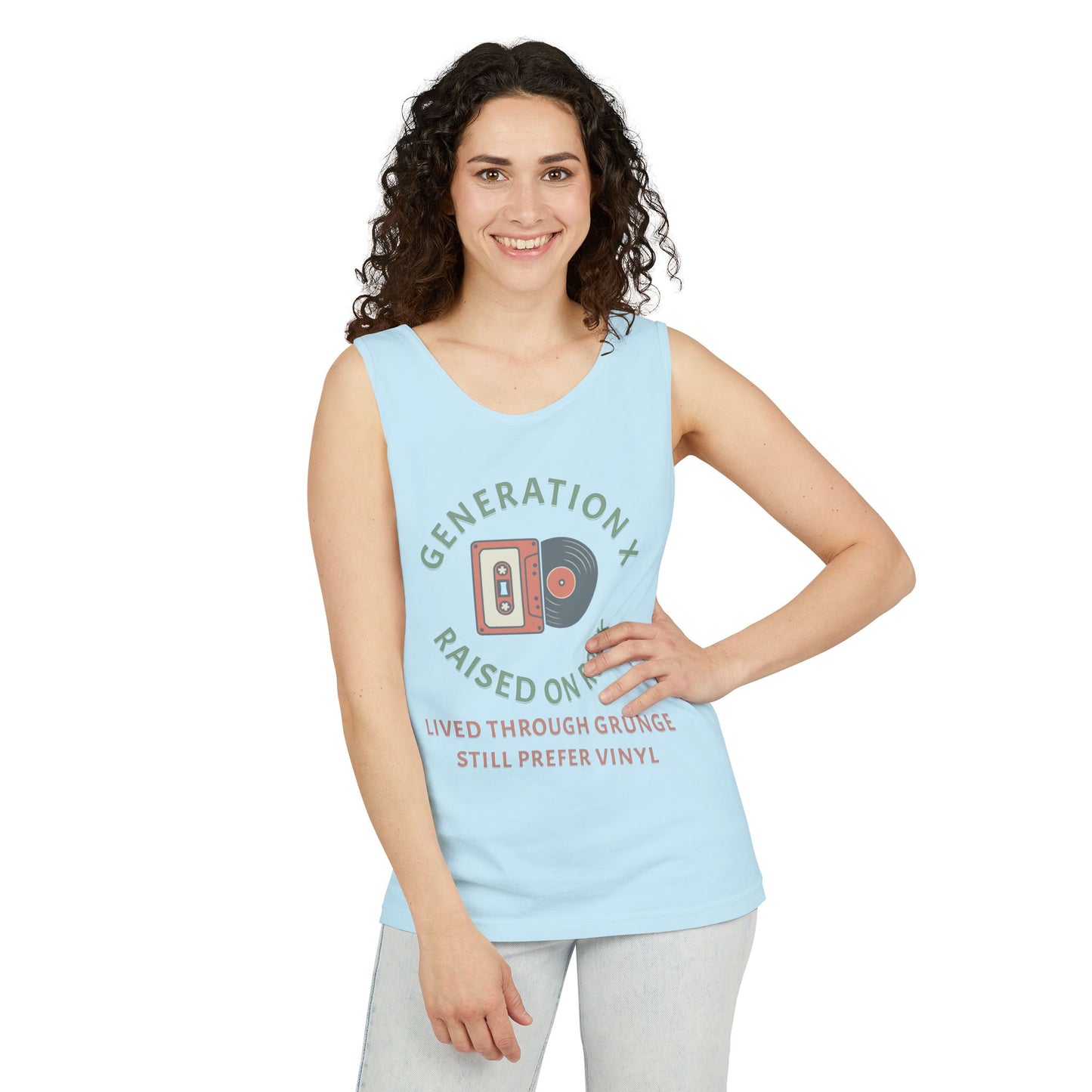 Generation X Raised on Rock Unisex Cotton Garment-Dyed Tank Top - Retro Vinyl, Grunge Music Lovers, Music Enthusiasts