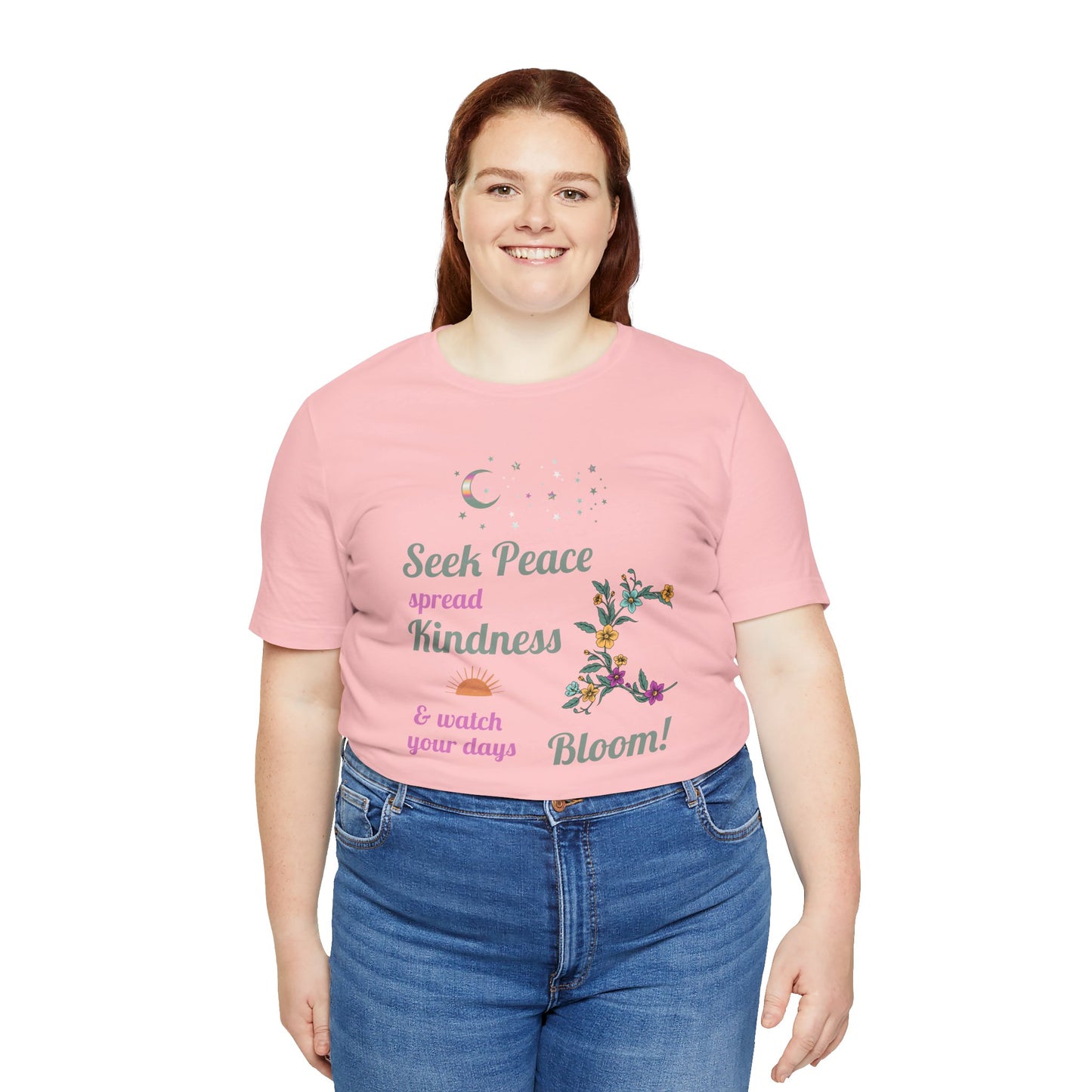 Seek Peace Spread Kindness & Watch Your Days Bloom Unisex Cotton Jersey T-Shirt – Scripture Inspired Floral Style