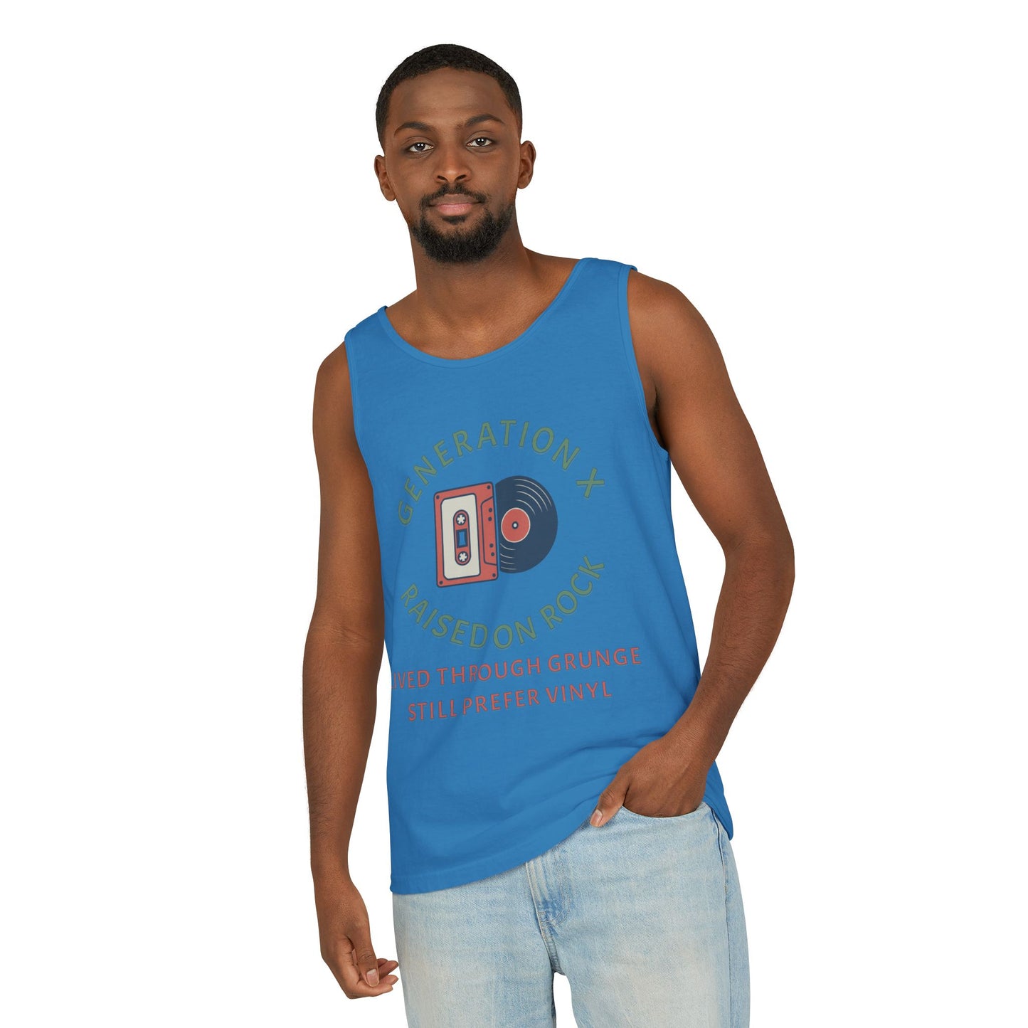 Generation X Raised on Rock Unisex Cotton Garment-Dyed Tank Top - Retro Vinyl, Grunge Music Lovers, Music Enthusiasts