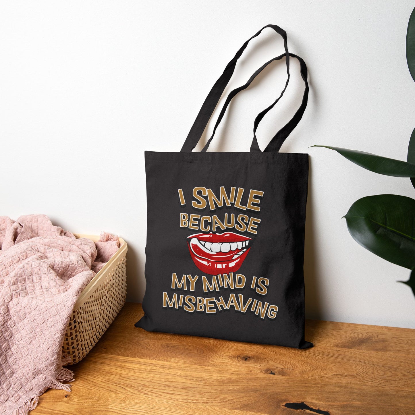 I Smile Because My Mind Is Misbehaving Canvas Shoulder Tote Bag, Eco-Friendly Shopping Bag, Reusable Grocery Tote,