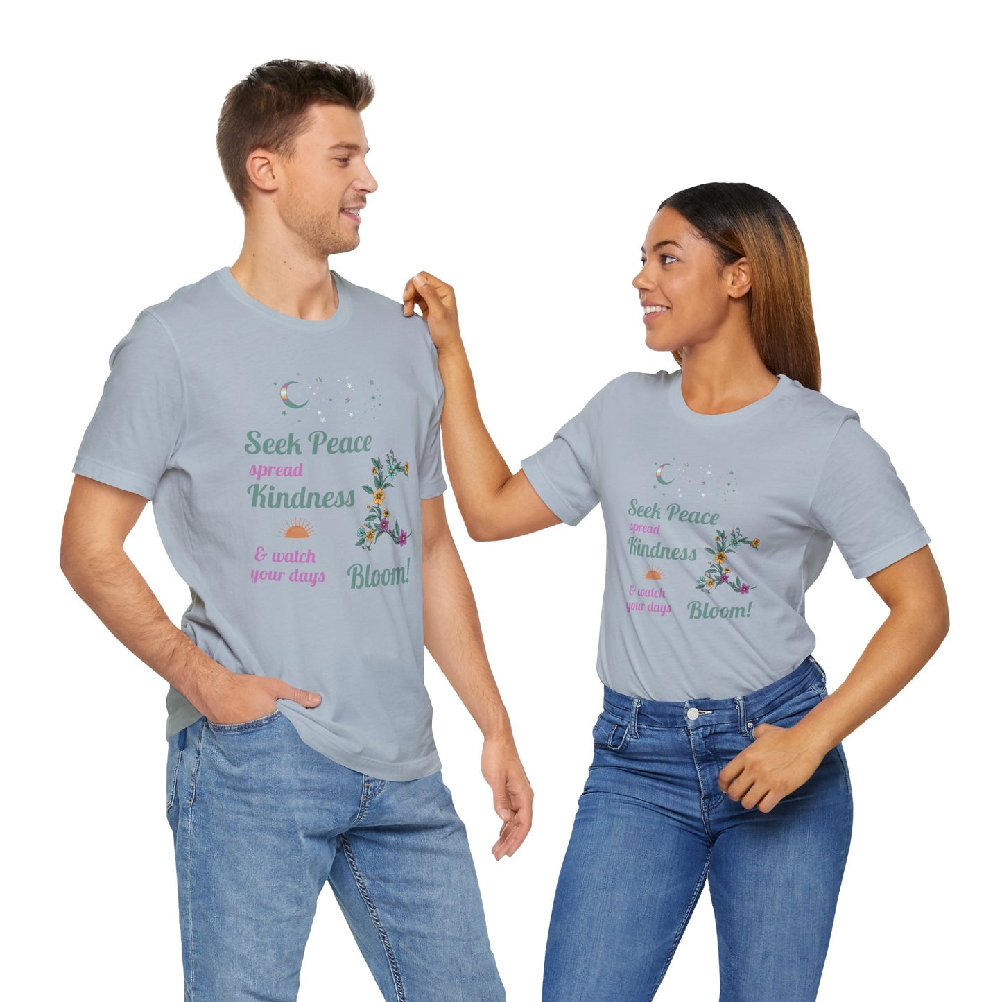 Seek Peace Spread Kindness & Watch Your Days Bloom Unisex Cotton Jersey T-Shirt – Scripture Inspired Floral Style
