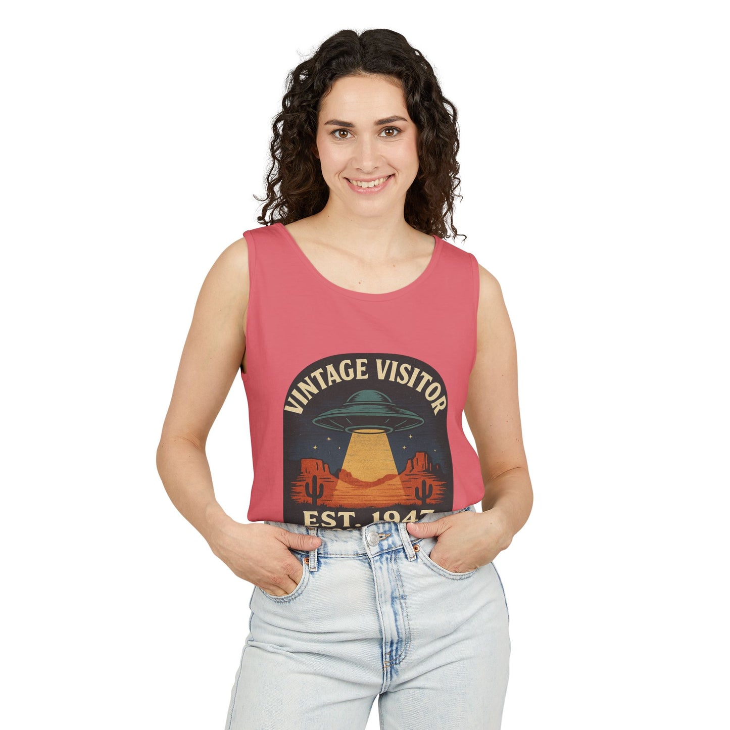 Vintage Visitor Est 1947 Roswell Unisex Cotton Garment-Dyed Tank Top, Alien Graphic Tee, Retro Summer Wear