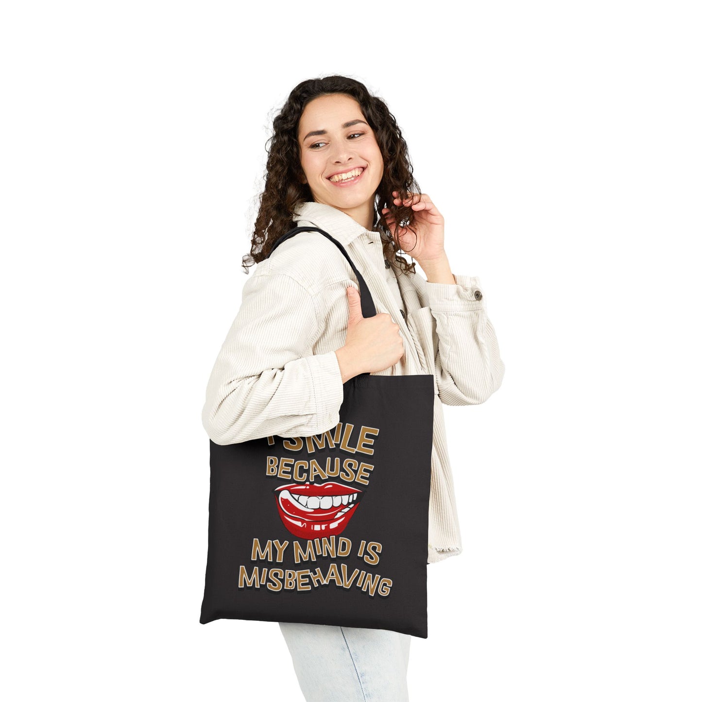 I Smile Because My Mind Is Misbehaving Canvas Shoulder Tote Bag, Eco-Friendly Shopping Bag, Reusable Grocery Tote,