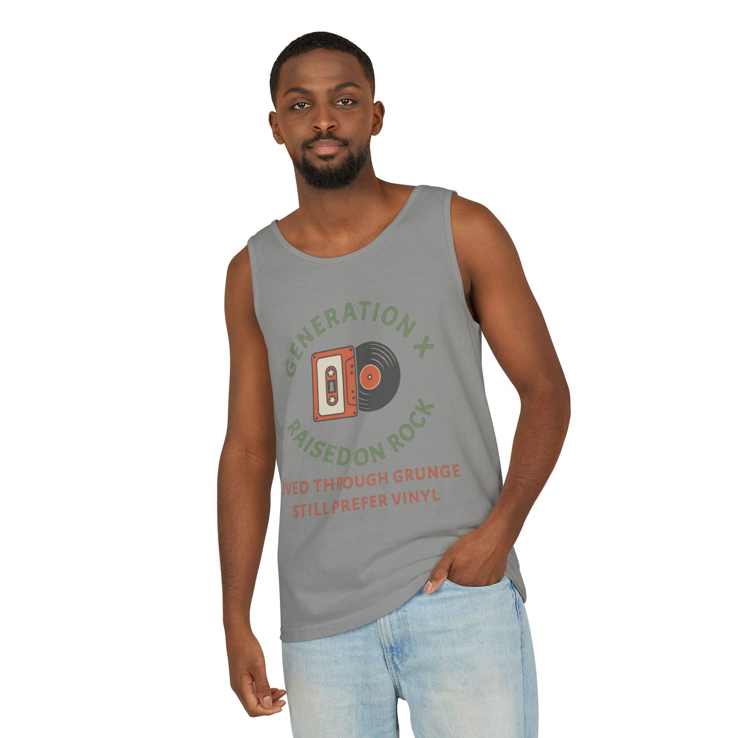 Generation X Raised on Rock Unisex Cotton Garment-Dyed Tank Top - Retro Vinyl, Grunge Music Lovers, Music Enthusiasts