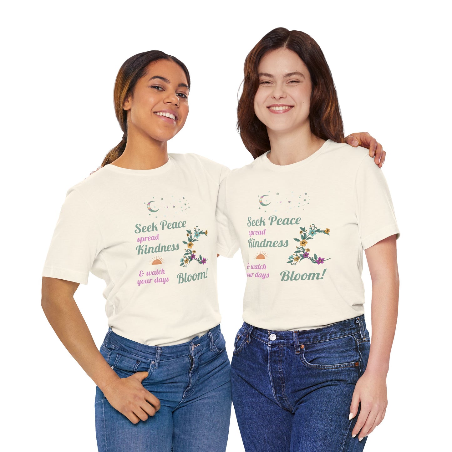 Seek Peace Spread Kindness & Watch Your Days Bloom Unisex Cotton Jersey T-Shirt – Scripture Inspired Floral Style