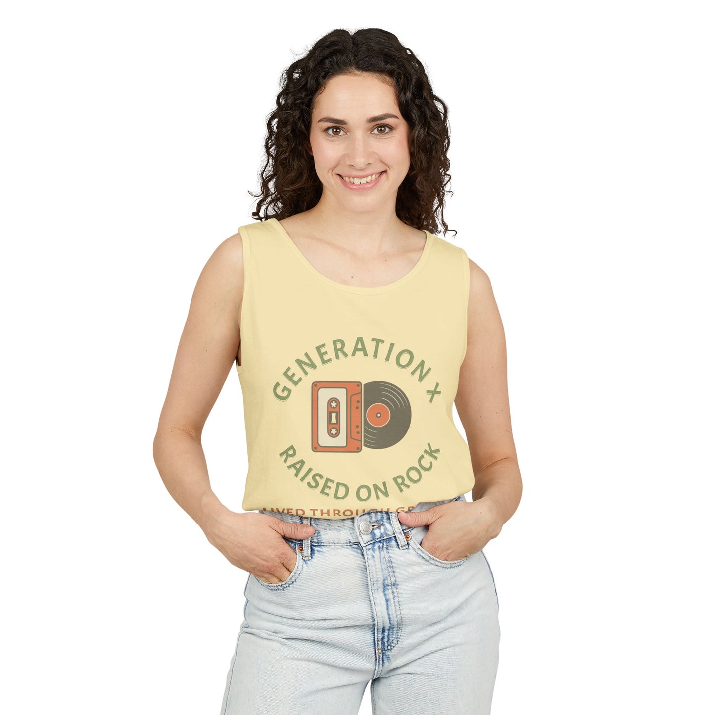 Generation X Raised on Rock Unisex Cotton Garment-Dyed Tank Top - Retro Vinyl, Grunge Music Lovers, Music Enthusiasts