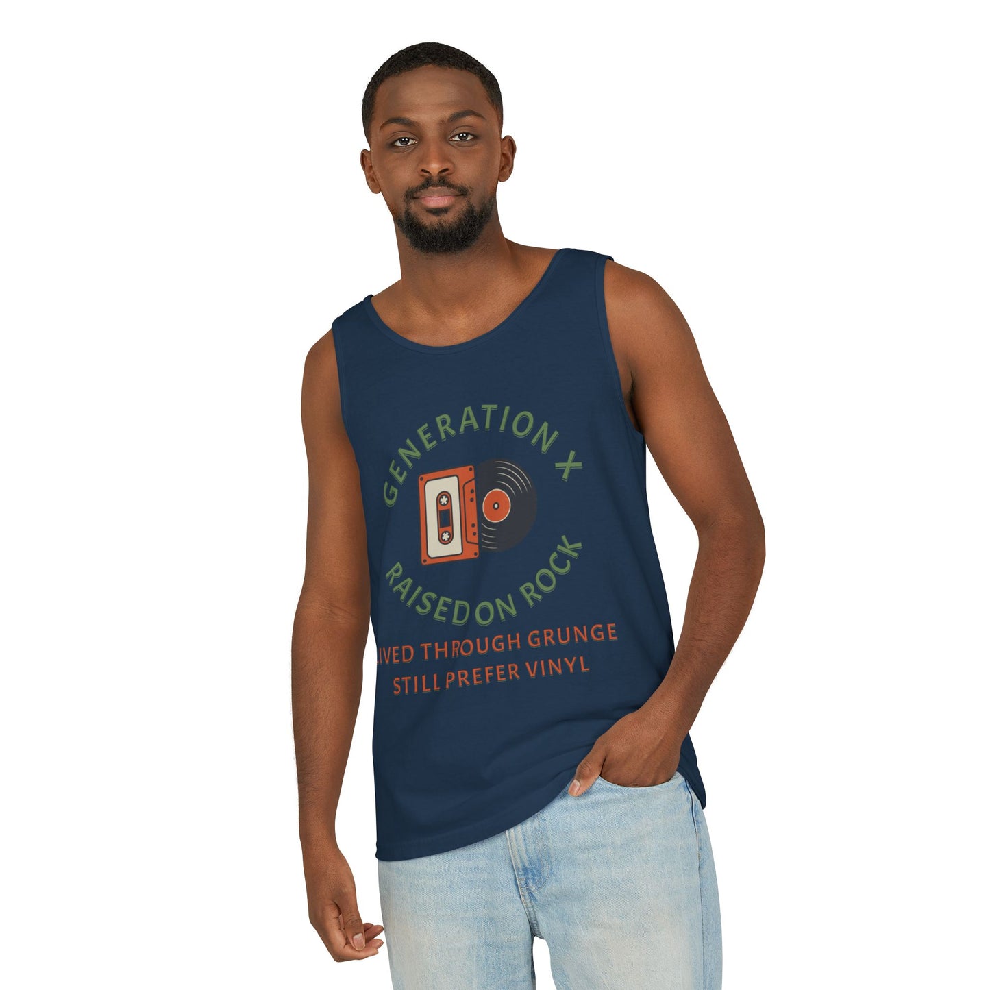 Generation X Raised on Rock Unisex Cotton Garment-Dyed Tank Top - Retro Vinyl, Grunge Music Lovers, Music Enthusiasts