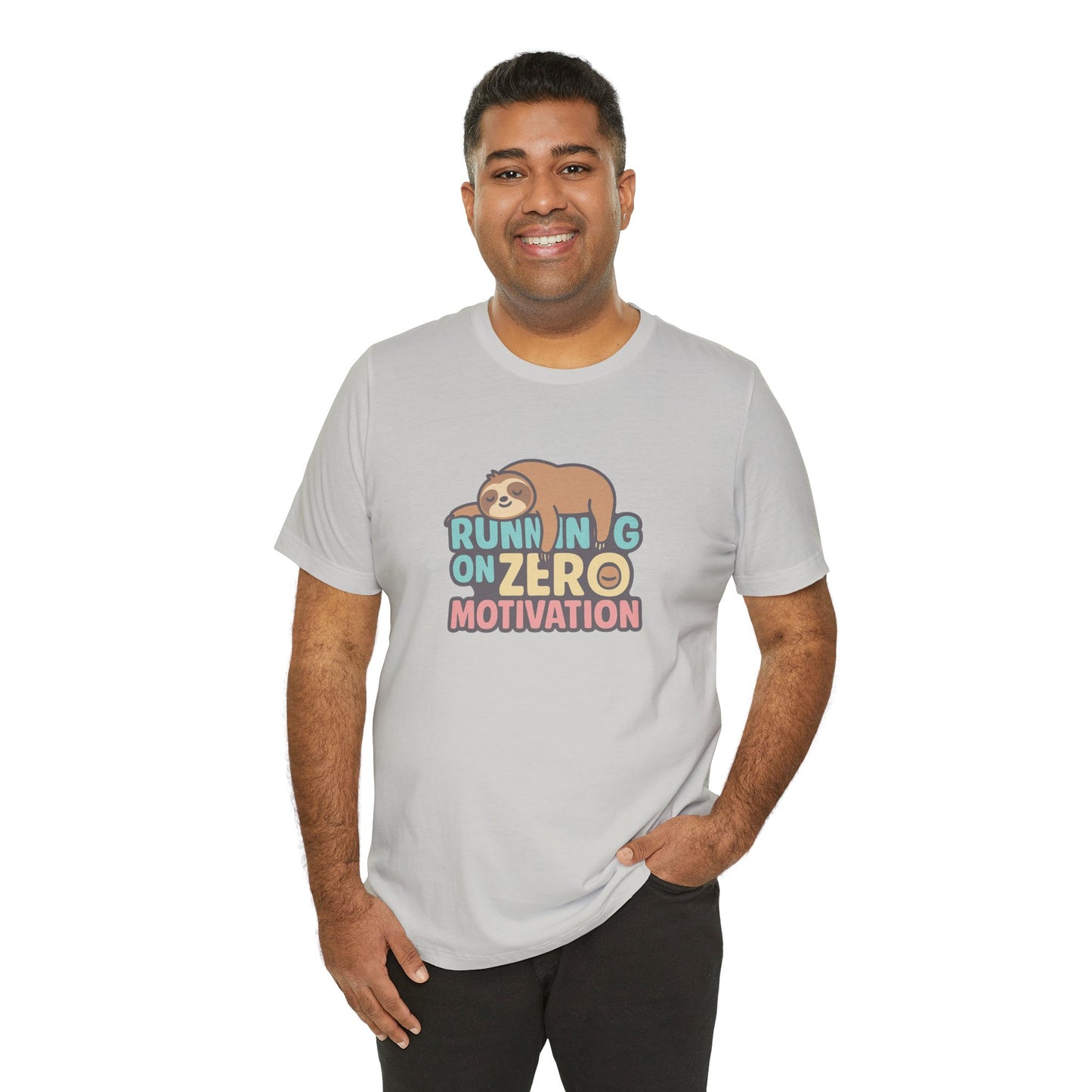 Running on Zero Motivation Unisex Cotton T-Shirt, Gift for Laziness Lovers, Funny Sloth