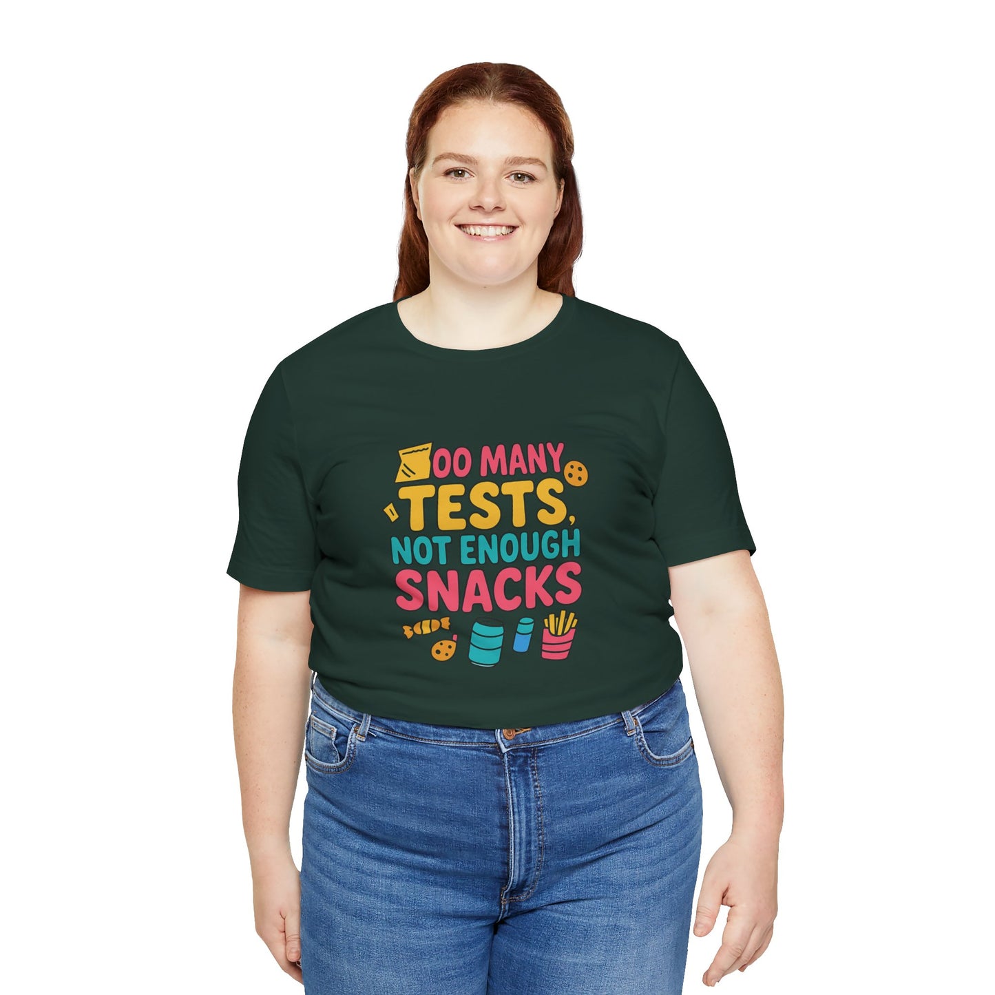 Too Many Tests Not Enough Snacks Unisex Cotton T Shirt, Perfect for Students, Study Breaks, Back-to-School and Birthday Gifts