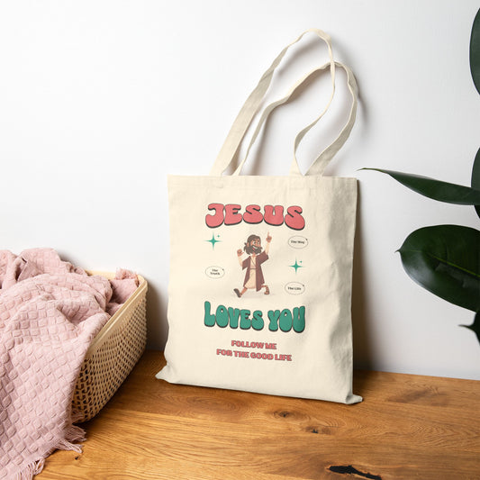 Jesus Loves You Follow Me for the Good Life Cotton Canvas Tote Bag, Inspirational Gift, Bible Verse Bag