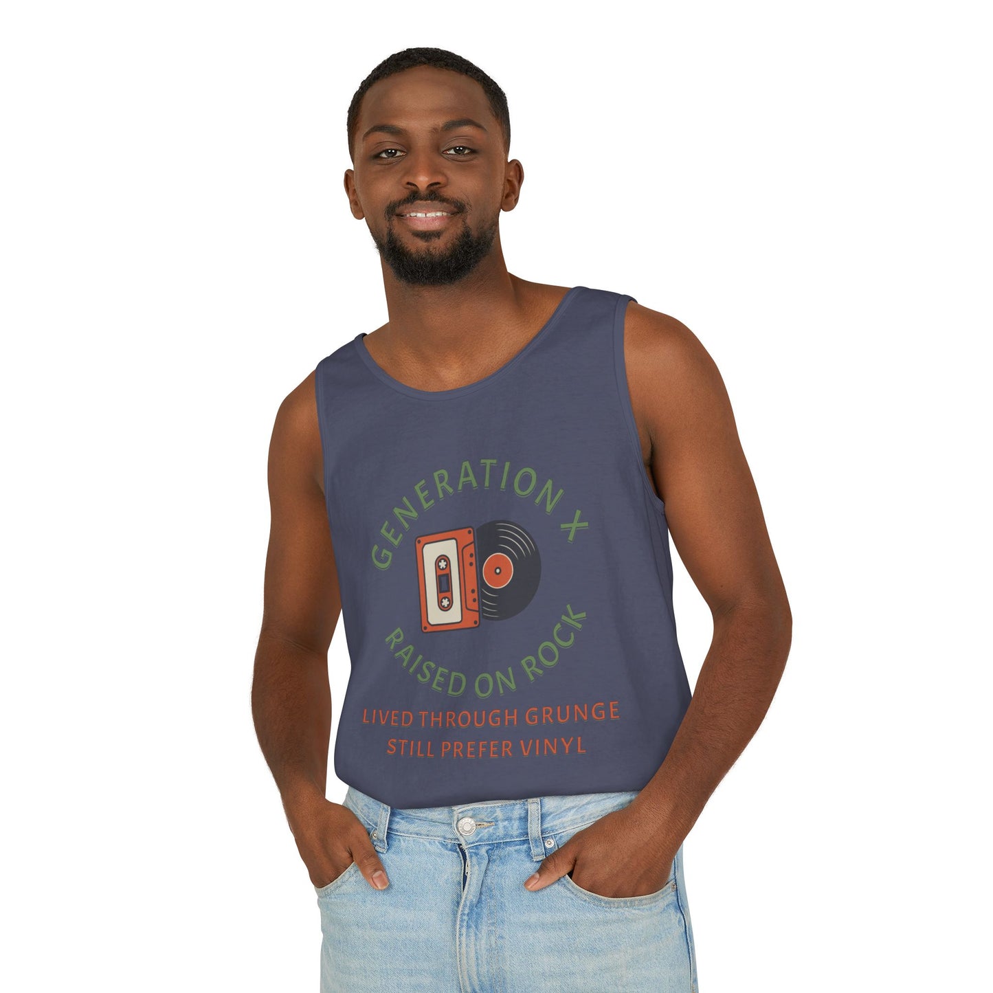 Generation X Raised on Rock Unisex Cotton Garment-Dyed Tank Top - Retro Vinyl, Grunge Music Lovers, Music Enthusiasts