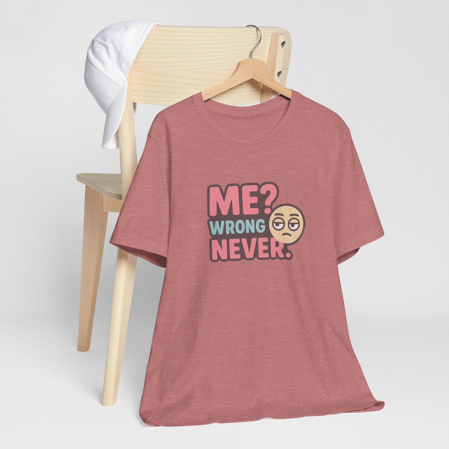 Me? Wrong Never Unisex Cotton T-Shirt, Cool Tee for Friends, Great Gift for Birthdays, Emoji