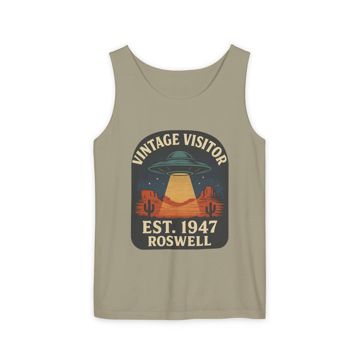 Vintage Visitor Est 1947 Roswell Unisex Cotton Garment-Dyed Tank Top, Alien Graphic Tee, Retro Summer Wear