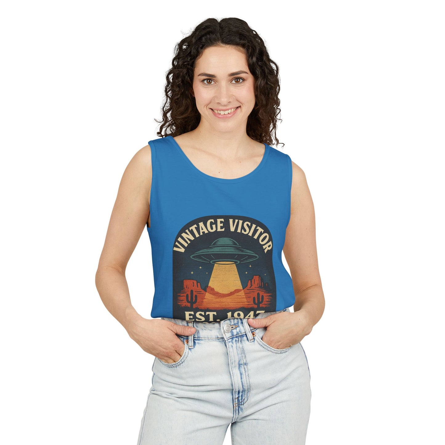 Vintage Visitor Est 1947 Roswell Unisex Cotton Garment-Dyed Tank Top, Alien Graphic Tee, Retro Summer Wear